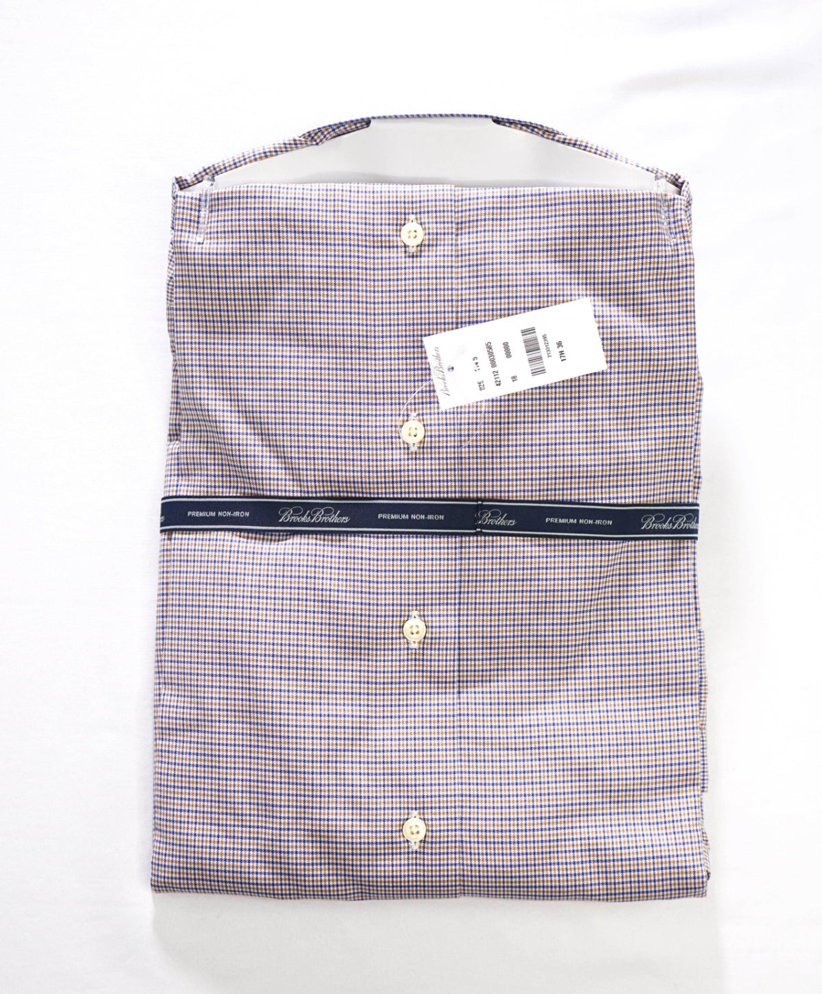 $128 BROOKS BROTHERS - Brown/Blue Micro Plaid Non-Iron "REGENT" Shirt - 17.5 - 36