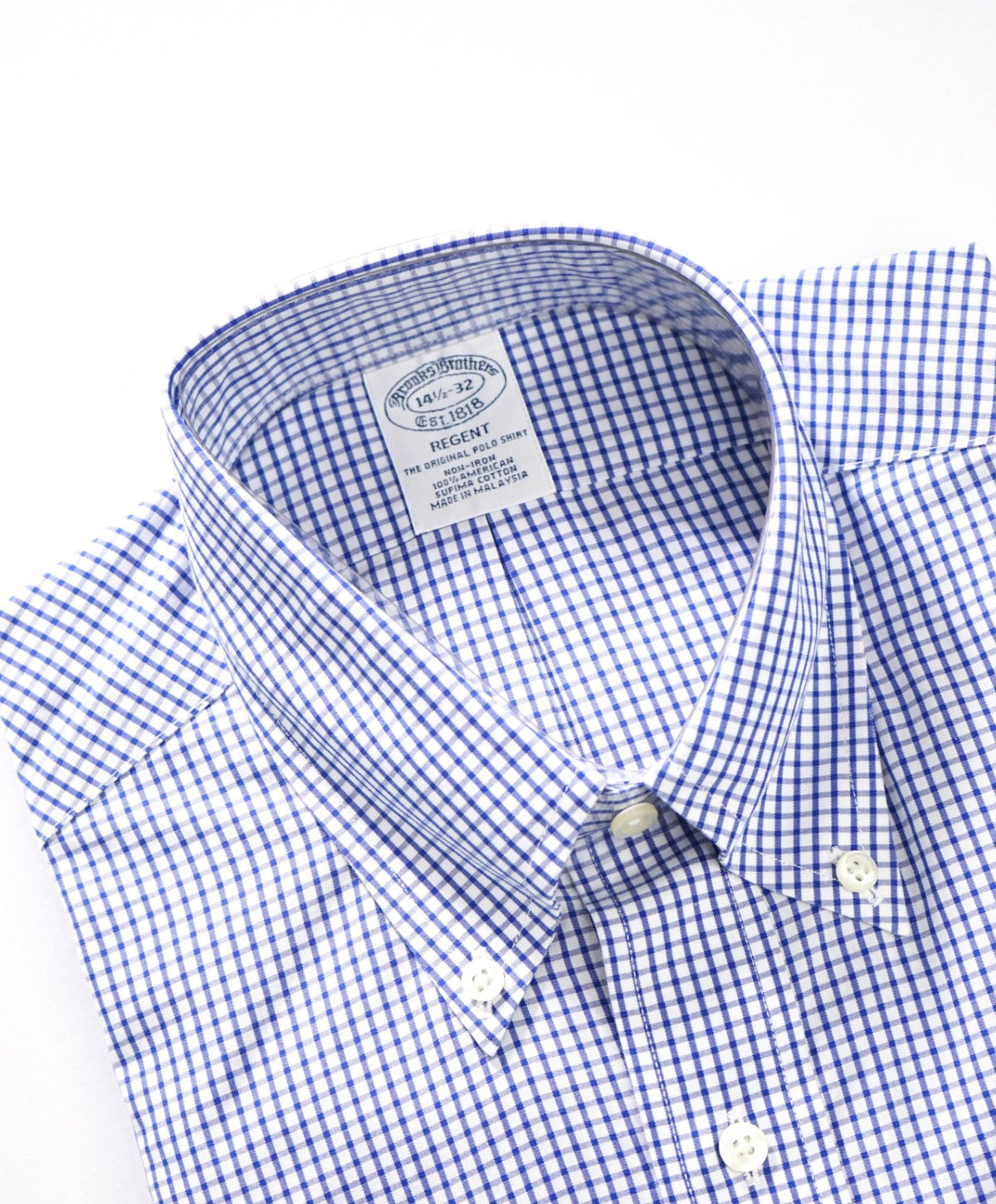 $128 BROOKS BROTHERS - Blue Gingham Non-Iron "REGENT" Shirt - 14.5 - 32