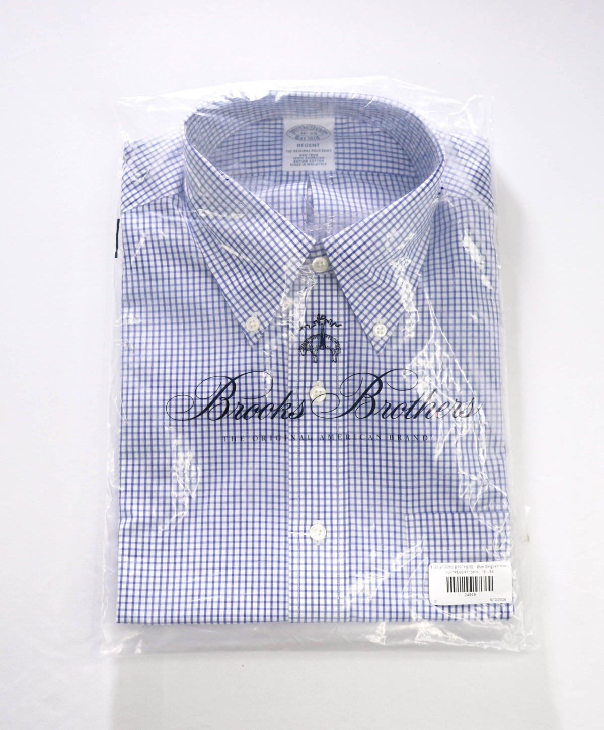 $128 BROOKS BROTHERS - Blue Gingham Non-Iron "REGENT" Shirt - 16 - 34