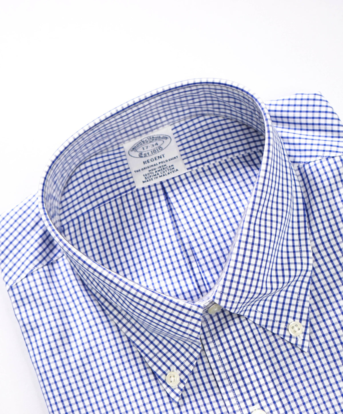 $128 BROOKS BROTHERS - Blue Gingham Non-Iron "REGENT" Shirt - 17 - 34