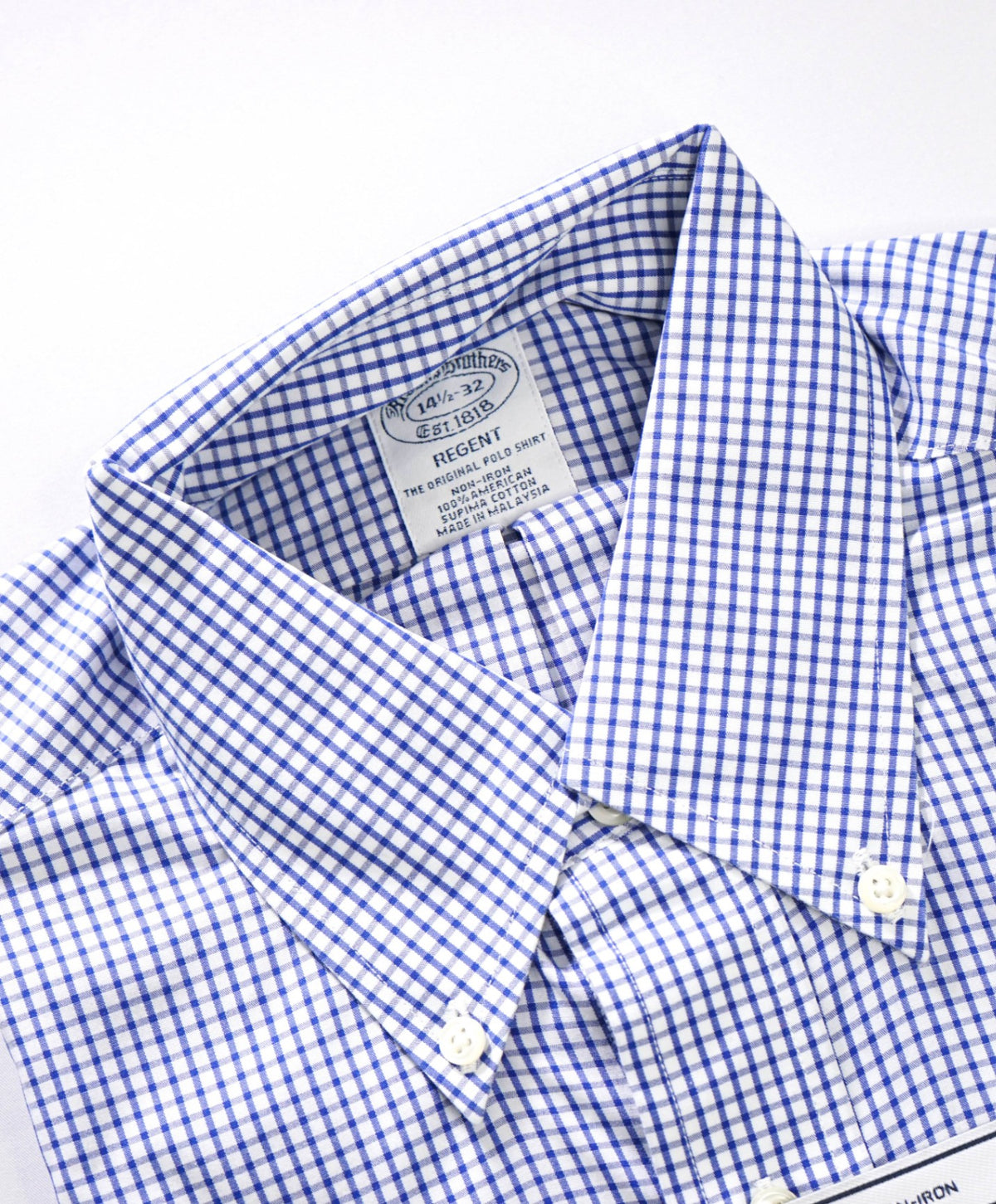 $128 BROOKS BROTHERS - Blue Gingham Non-Iron "REGENT" Shirt - 14.5 - 32