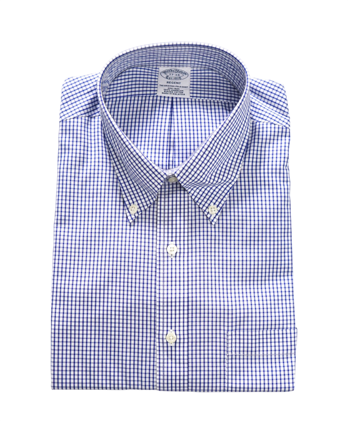 $128 BROOKS BROTHERS - Blue Gingham Non-Iron "REGENT" Shirt - 17 - 34