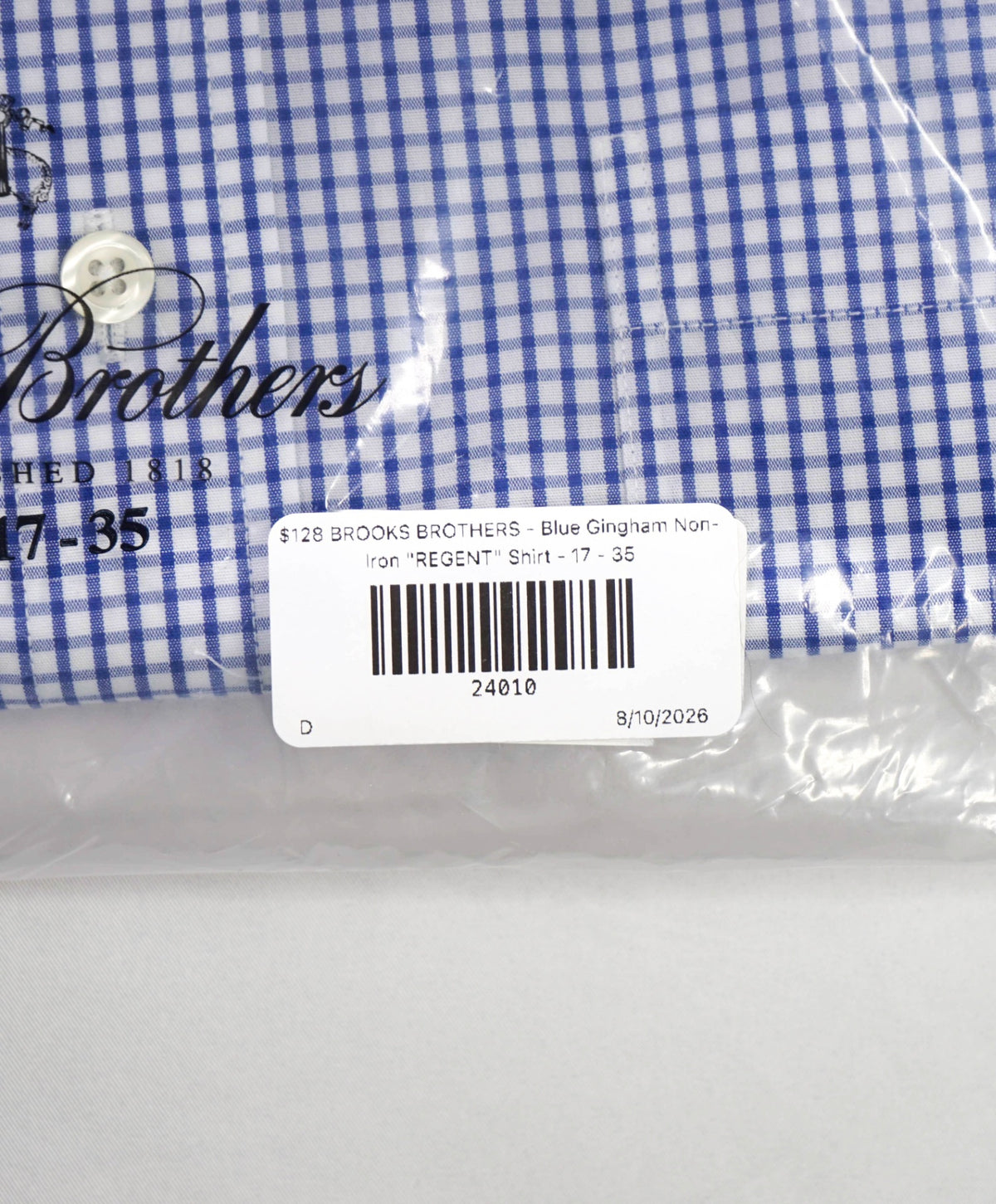 $128 BROOKS BROTHERS - Blue Gingham Non-Iron "REGENT" Shirt - 17 - 35