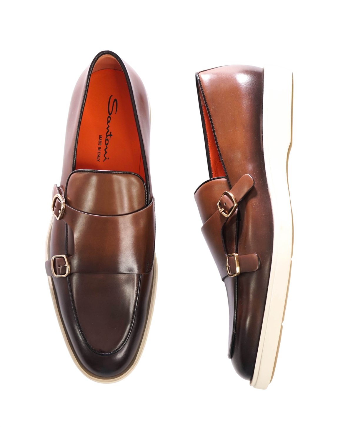 $790 SANTONI - Brown Leather Monk Strap Loafers - US 10 (9UK)