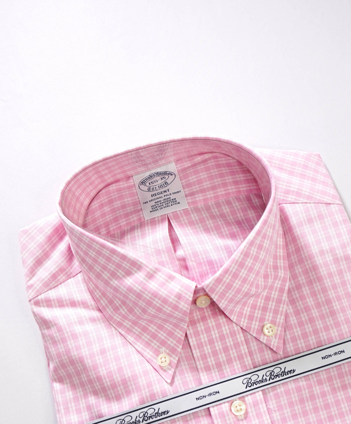 $128 BROOKS BROTHERS - Pink Plaid Non-Iron "REGENT" Shirt - 15.5 - 35