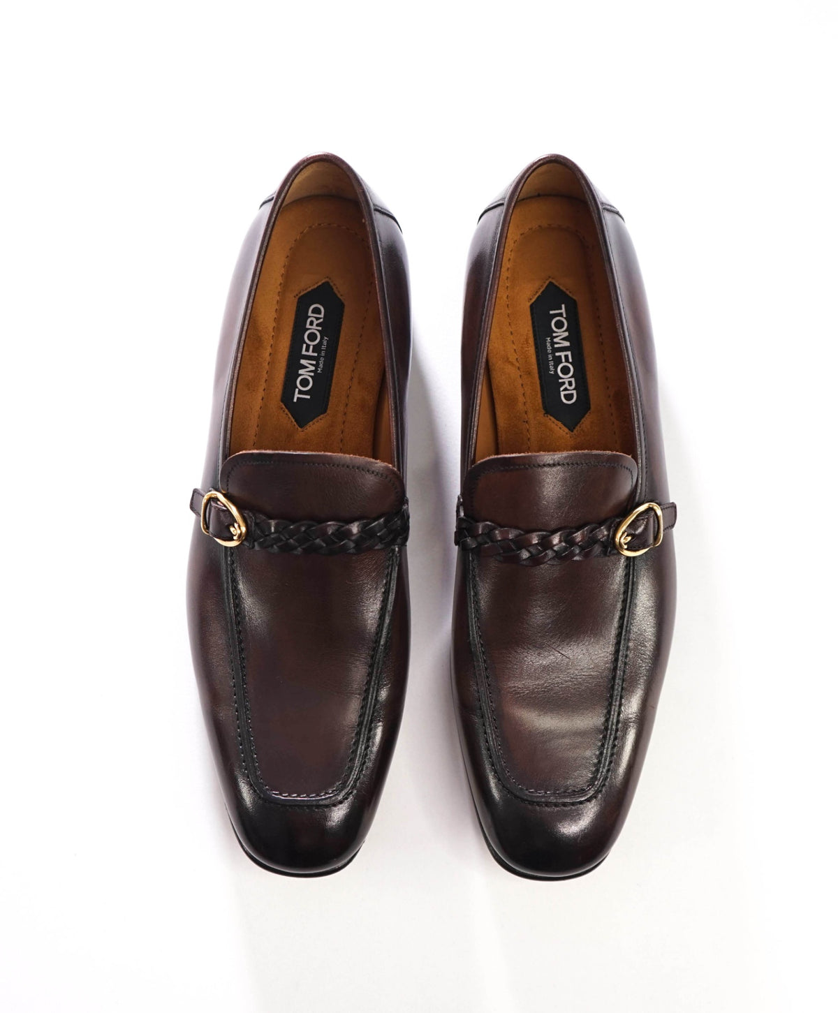 $2,393 TOM FORD - Brown Leather Braided Strap Loafers - US 12 (11.5 TF)