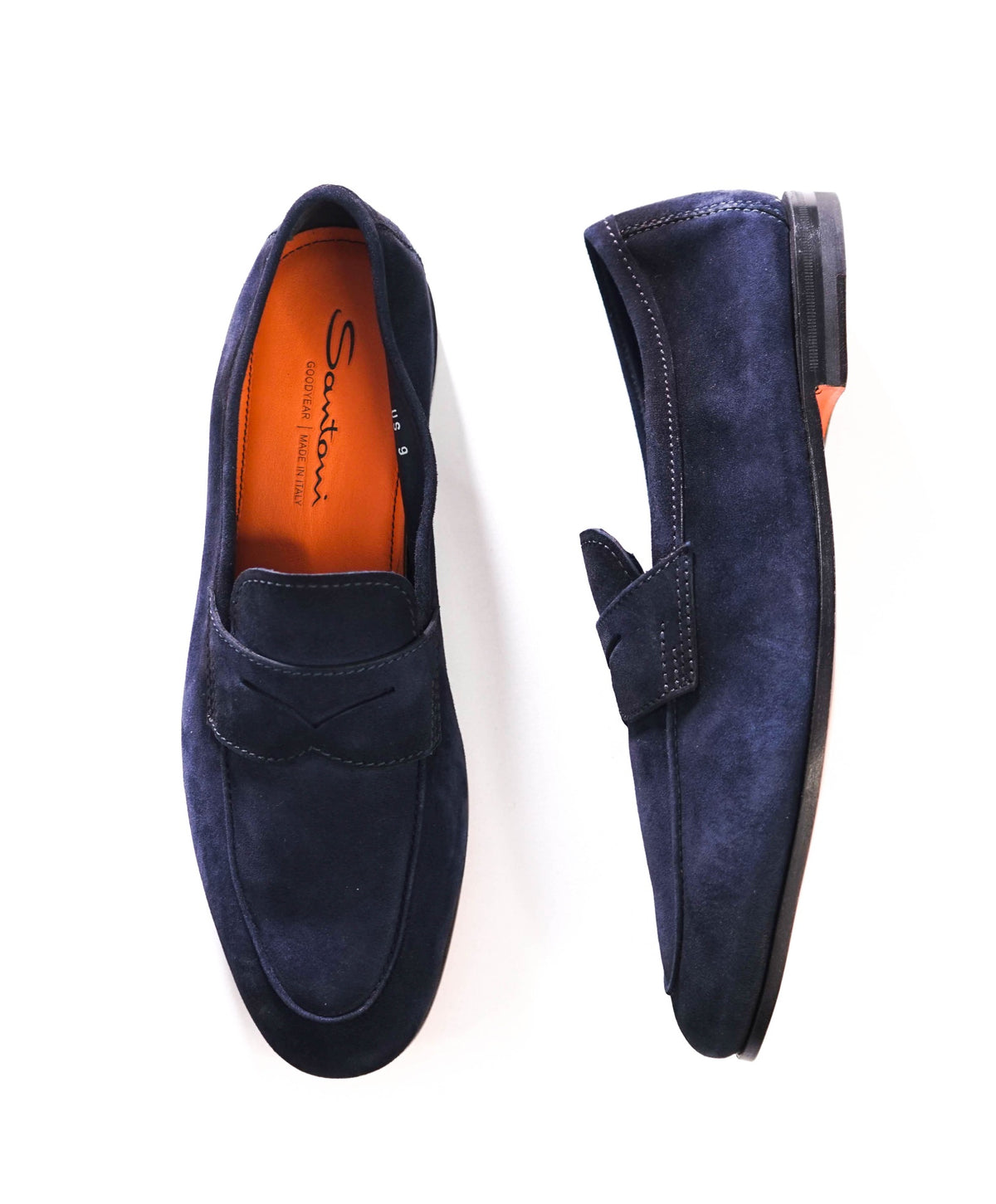 $1,040 SANTONI - GOODYEAR Navy Blue Suede Loafers - US 9 (UK8)