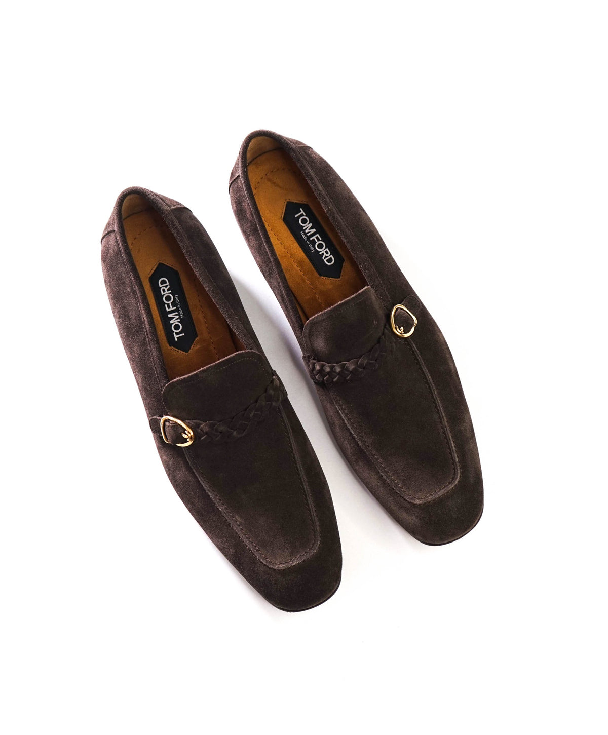 $2,393 TOM FORD - Brown Suede Braided Strap Loafers - US 12 (11.5 TF)
