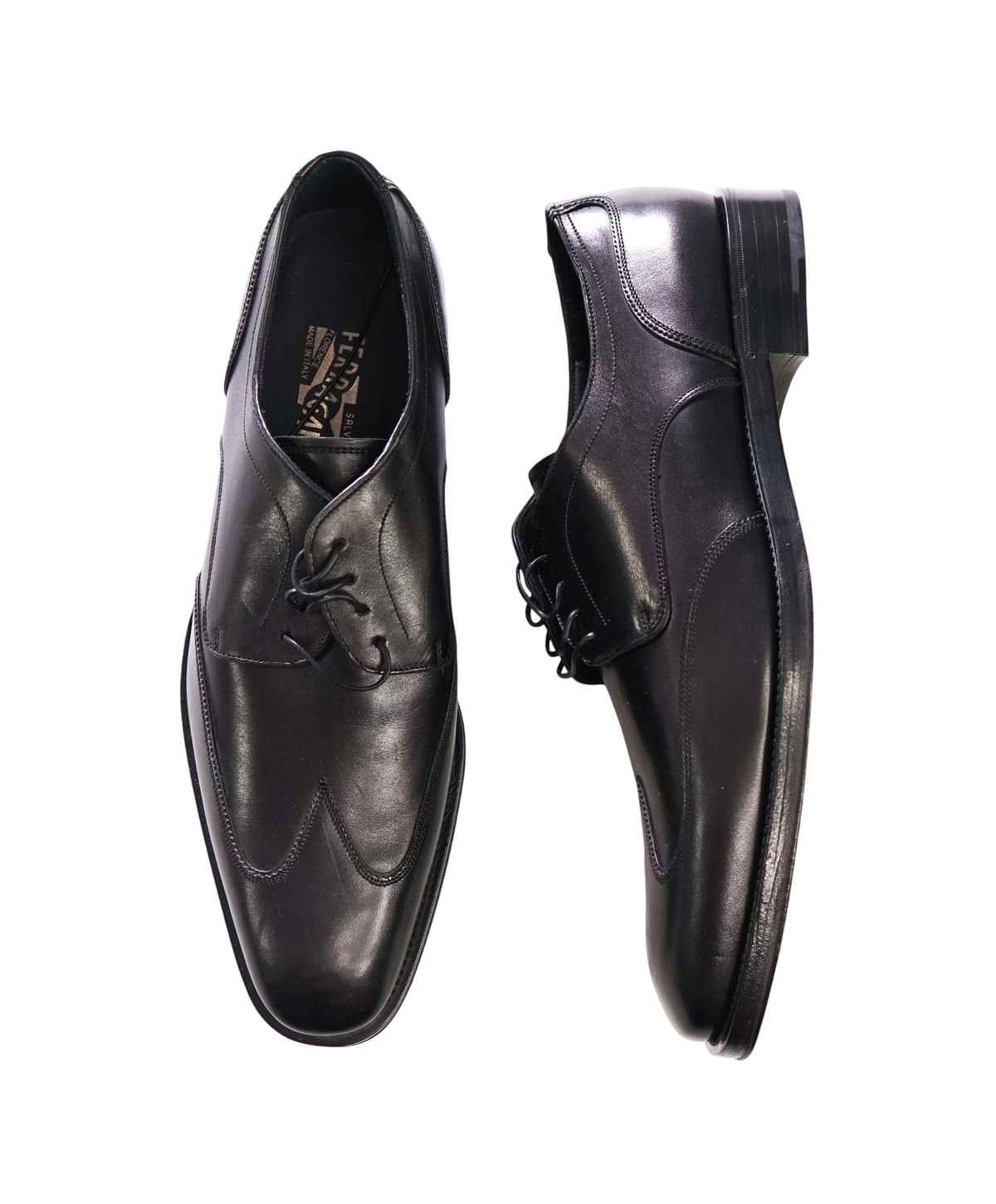 $850 FERRAGAMO - Black Leather Wingtip Derby - 13 D