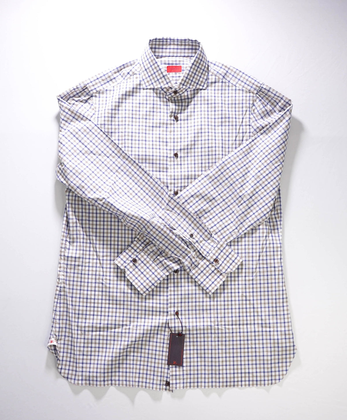 $730 ISAIA - Blue/Brown Plaid Cotton Shirt - 16.5