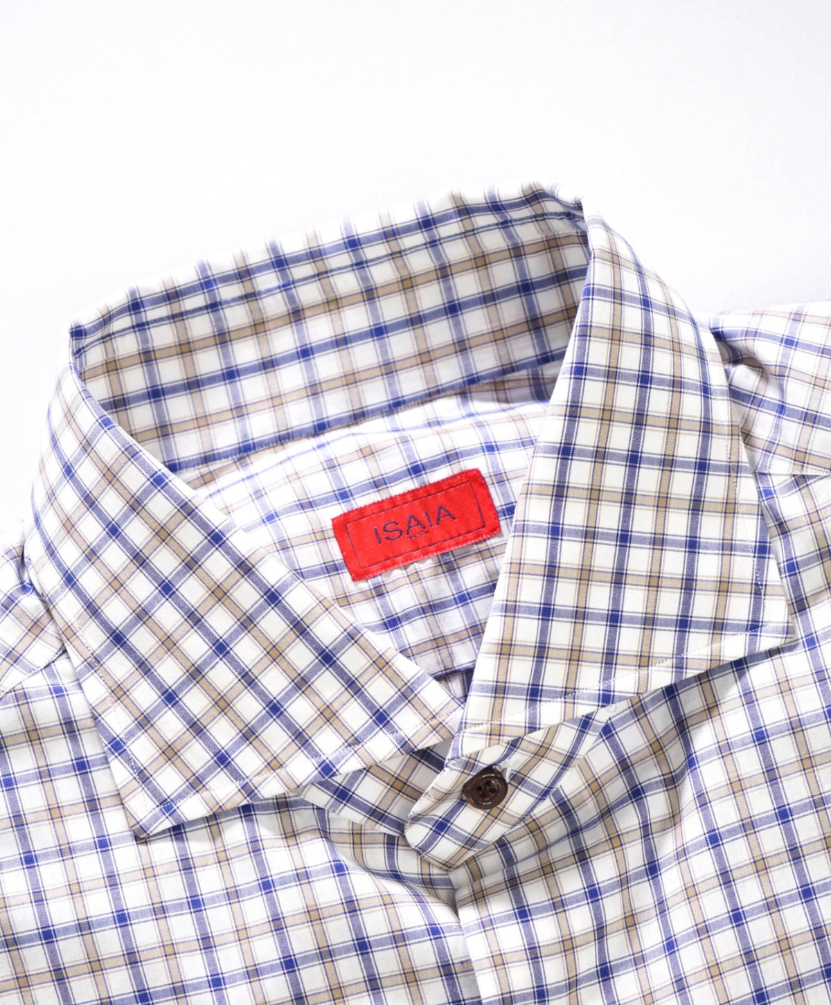 $730 ISAIA - Blue/Brown Plaid Cotton Shirt - 16.5