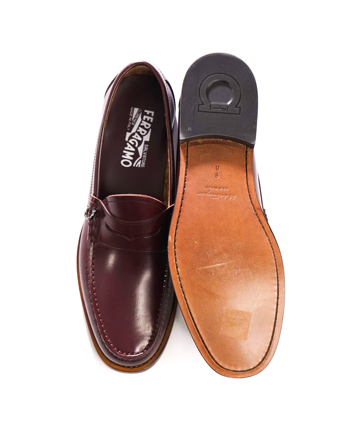 $895 FERRAGAMO - Burgundy Leather "RICCARDO" Loafers - 9 D