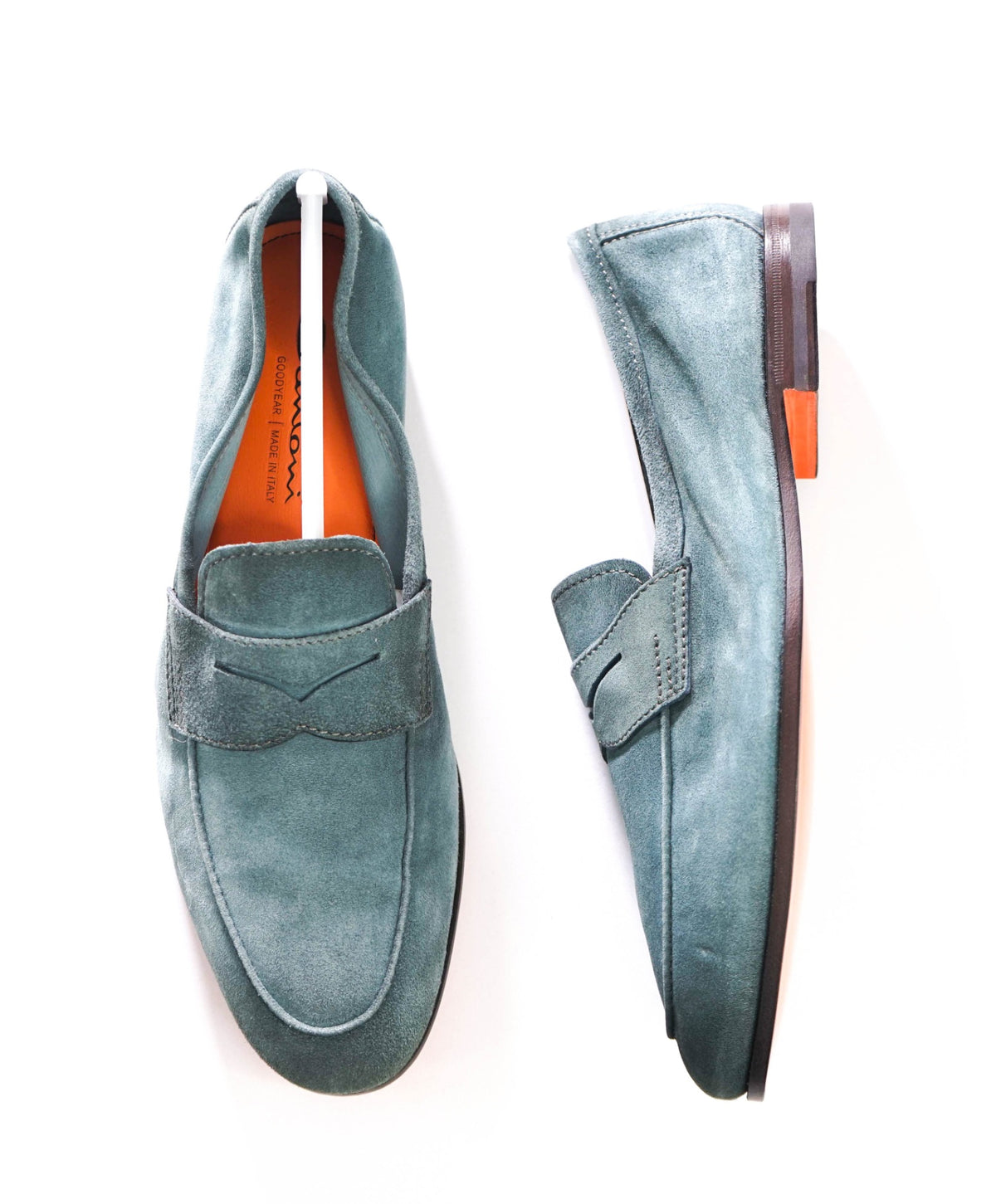 $1,040 SANTONI - GOODYEAR Cyan Blue Suede Loafers - US 9.5 (UK8.5)