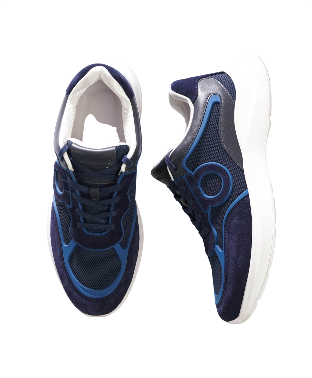 $850 FERRAGAMO - Navy Blue Suede/Leather/Knit Sneakers - 10 M