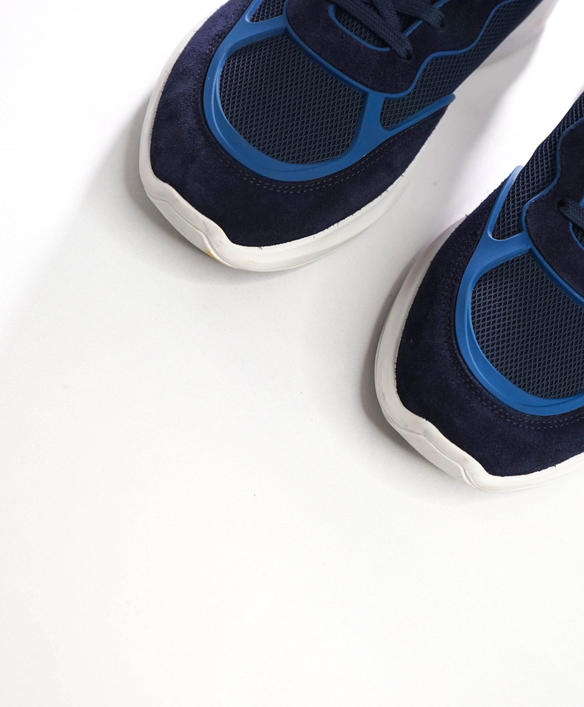 $850 FERRAGAMO - Navy Blue Suede/Leather/Knit Sneakers - 10 M