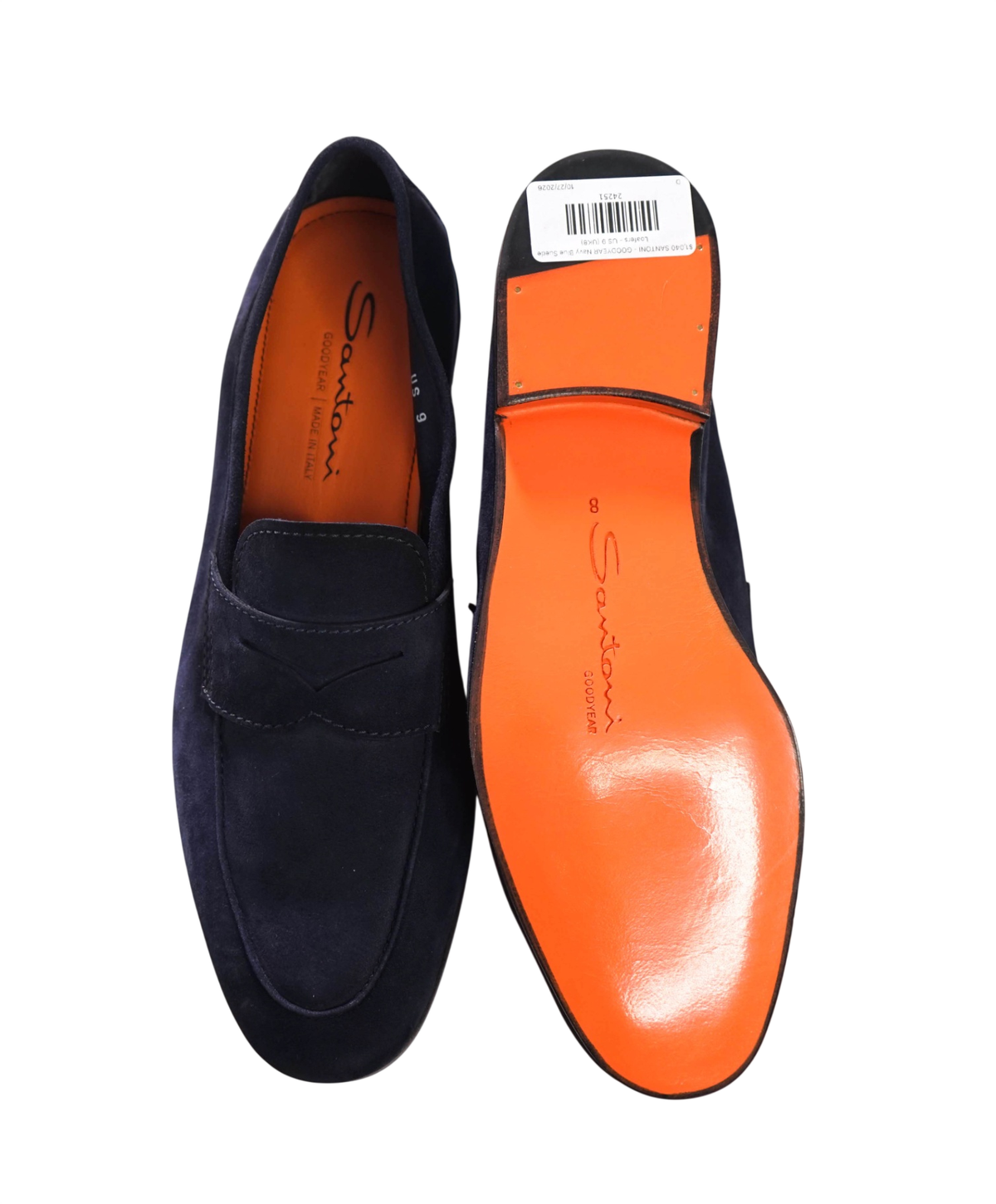 $1,040 SANTONI - GOODYEAR Navy Blue Suede Loafers - US 9 (UK8)