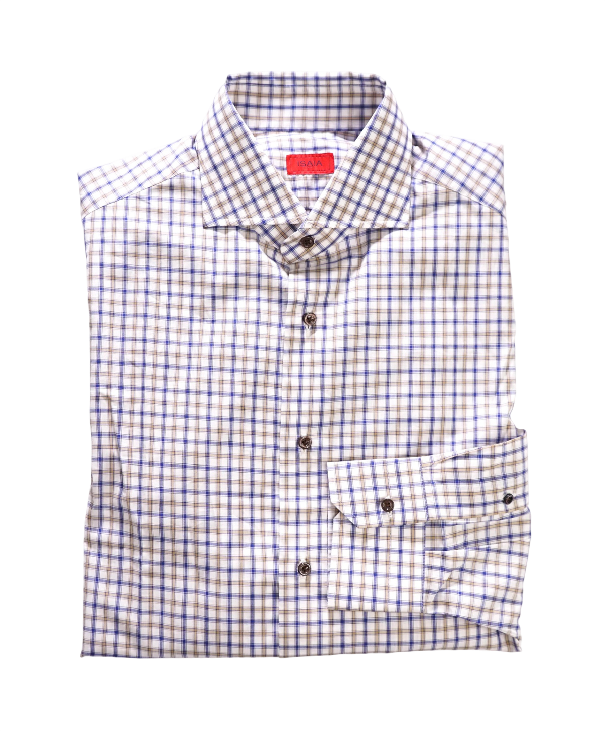 $730 ISAIA - Blue/Brown Plaid Cotton Shirt - 16.5