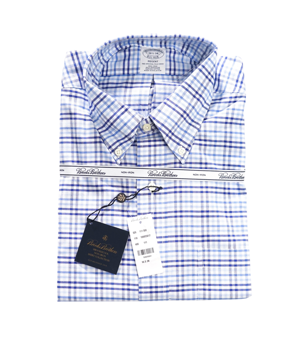 $128 BROOKS BROTHERS - Blue Plaid Non-Iron "REGENT" Shirt - 16.5 - 34