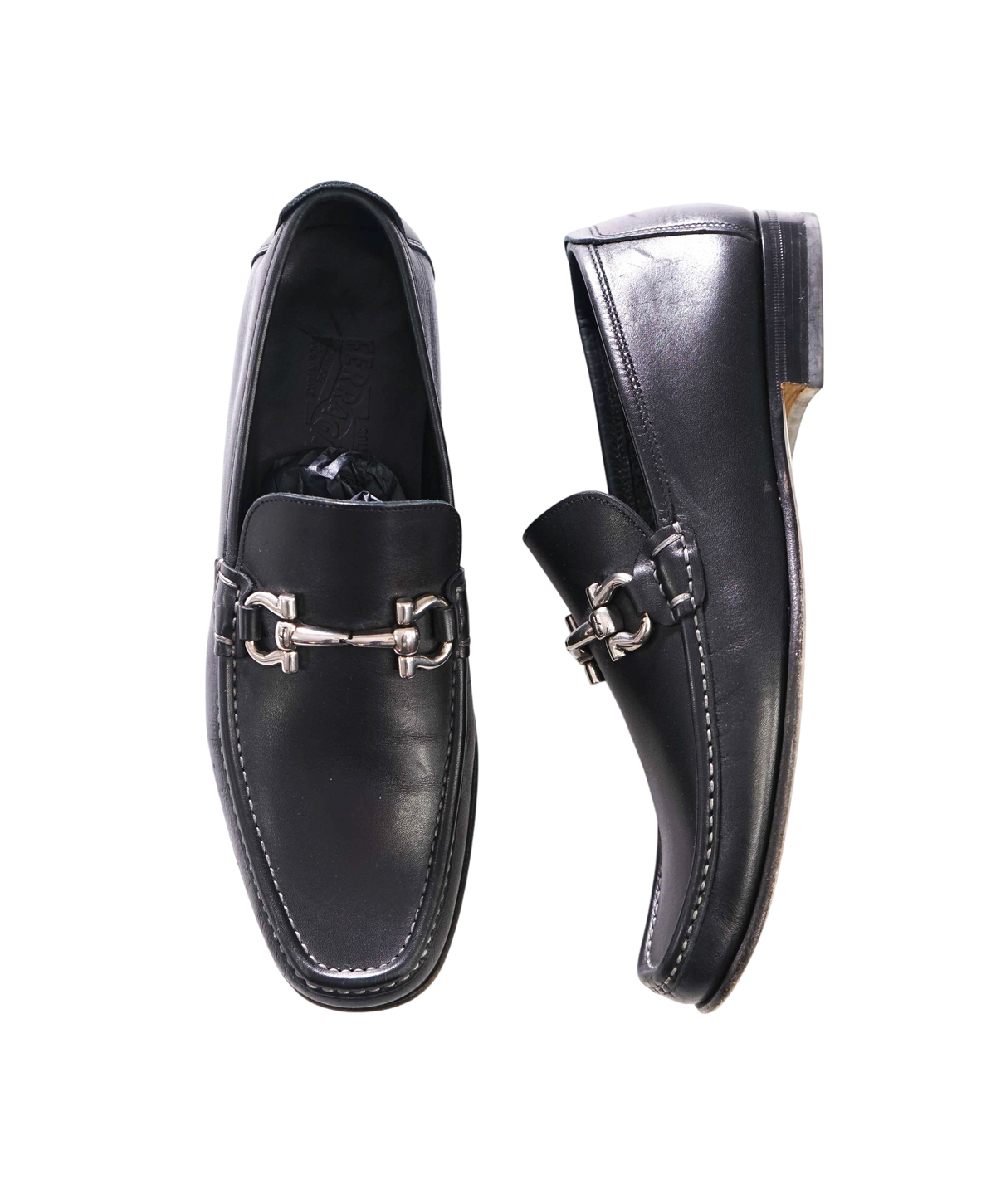 $850 FERRAGAMO - Black Leather Loafers - 8 D