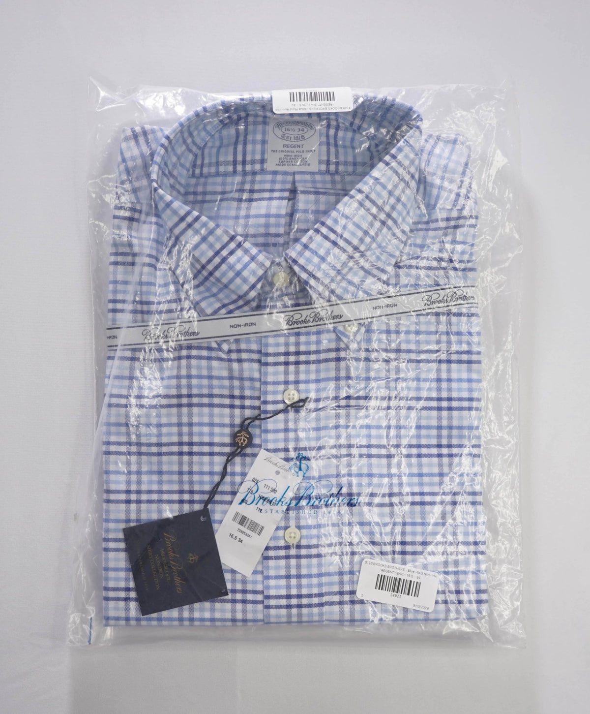 $128 BROOKS BROTHERS - Blue Plaid Non-Iron "REGENT" Shirt - 16.5 - 34