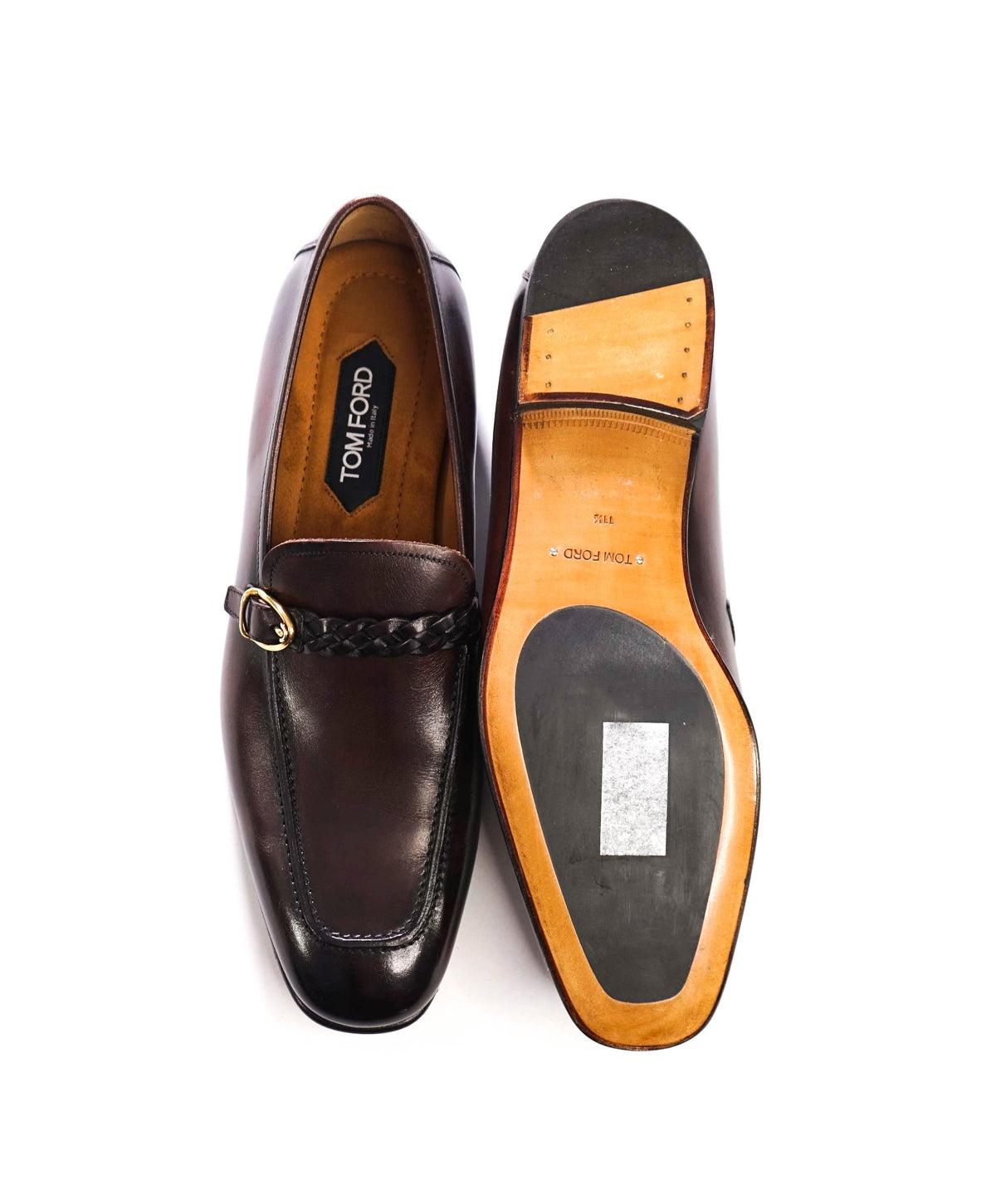 $2,393 TOM FORD - Brown Leather Braided Strap Loafers - US 12 (11.5 TF)