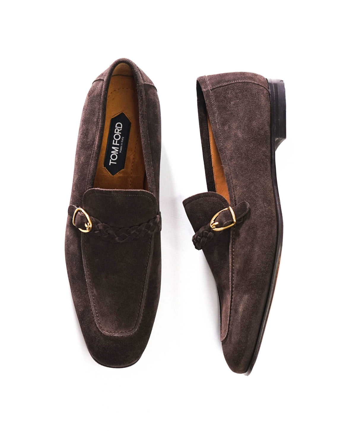 $2,393 TOM FORD - Brown Suede Braided Strap Loafers - US 12 (11.5 TF)