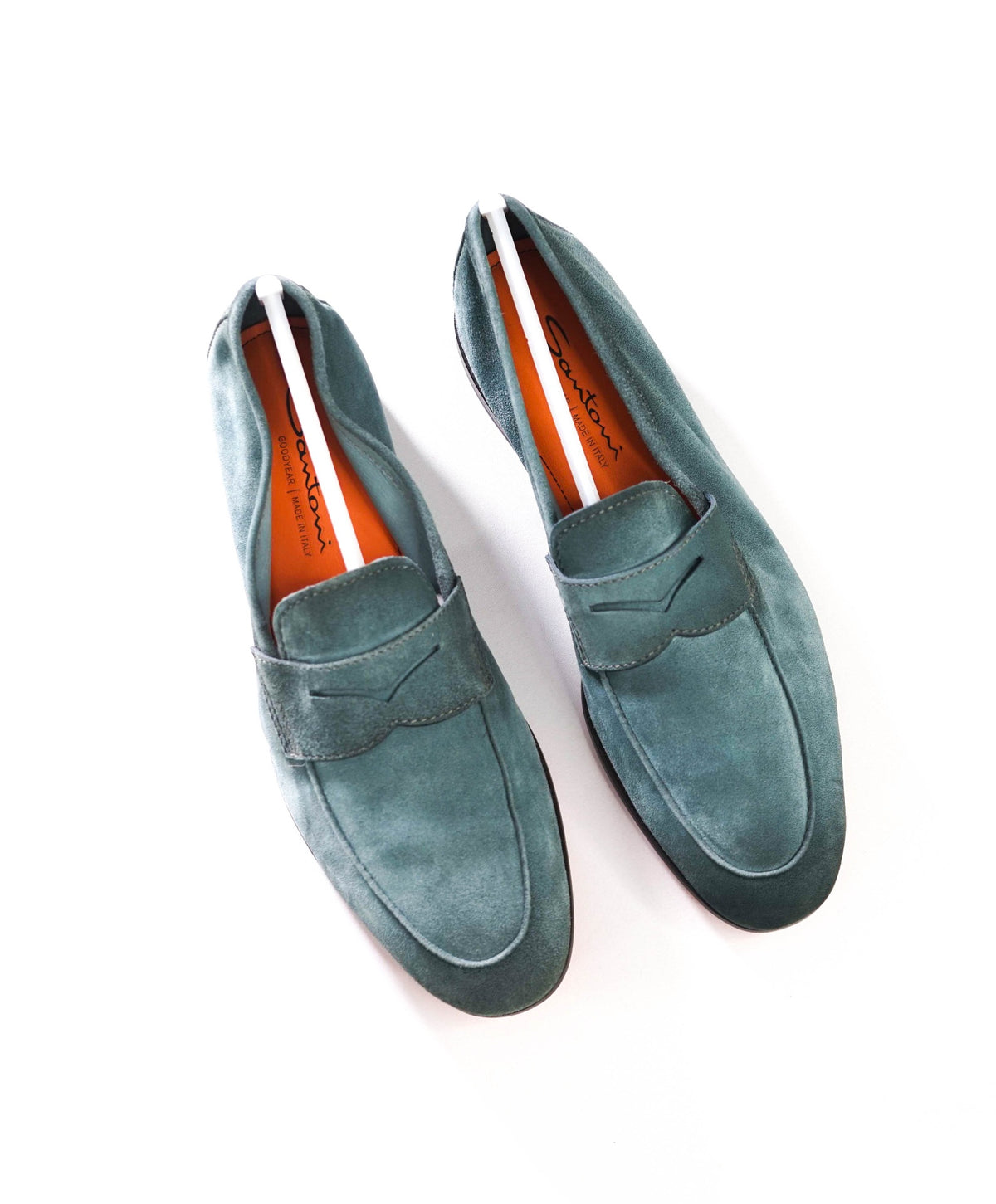 $1,040 SANTONI - GOODYEAR Cyan Blue Suede Loafers - US 9.5 (UK8.5)