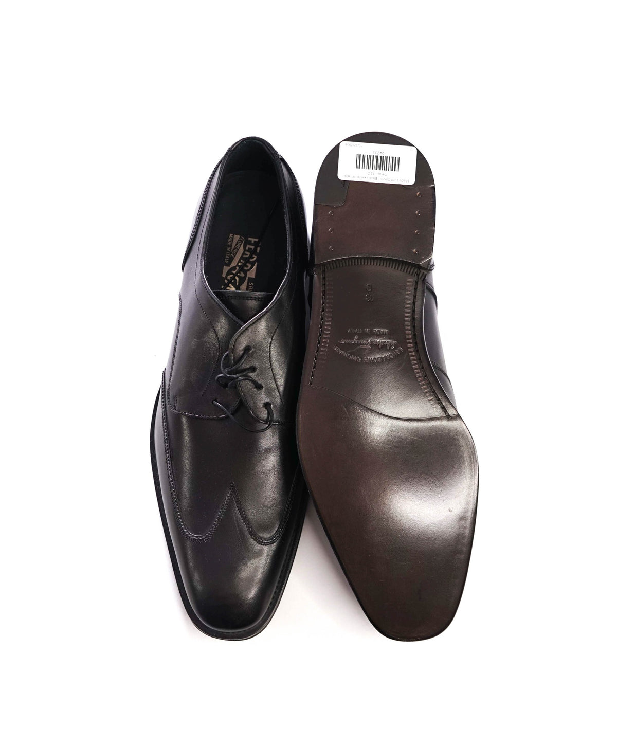 $850 FERRAGAMO - Black Leather Wingtip Derby - 13 D