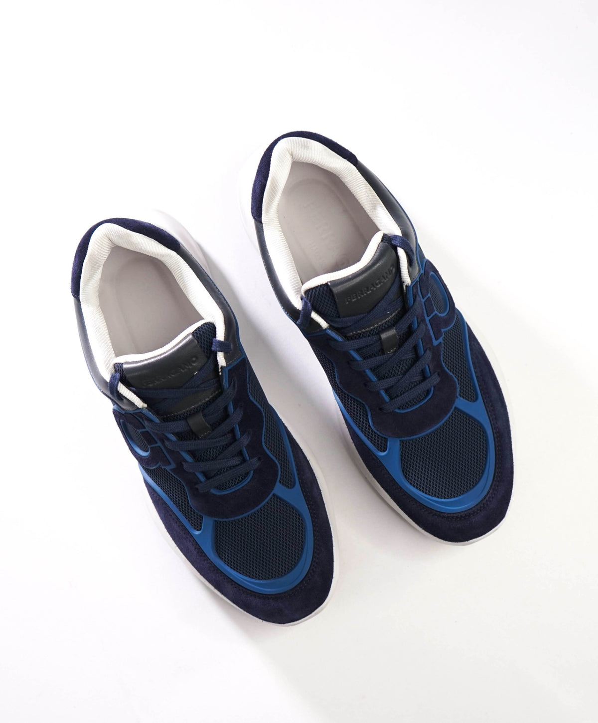 $850 FERRAGAMO - Navy Blue Suede/Leather/Knit Sneakers - 10 M
