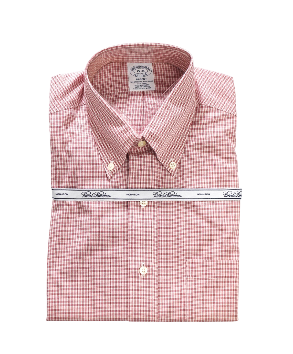 $128 BROOKS BROTHERS - Red Micro Plaid Non-Iron "REGENT" Shirt - 15 - 35