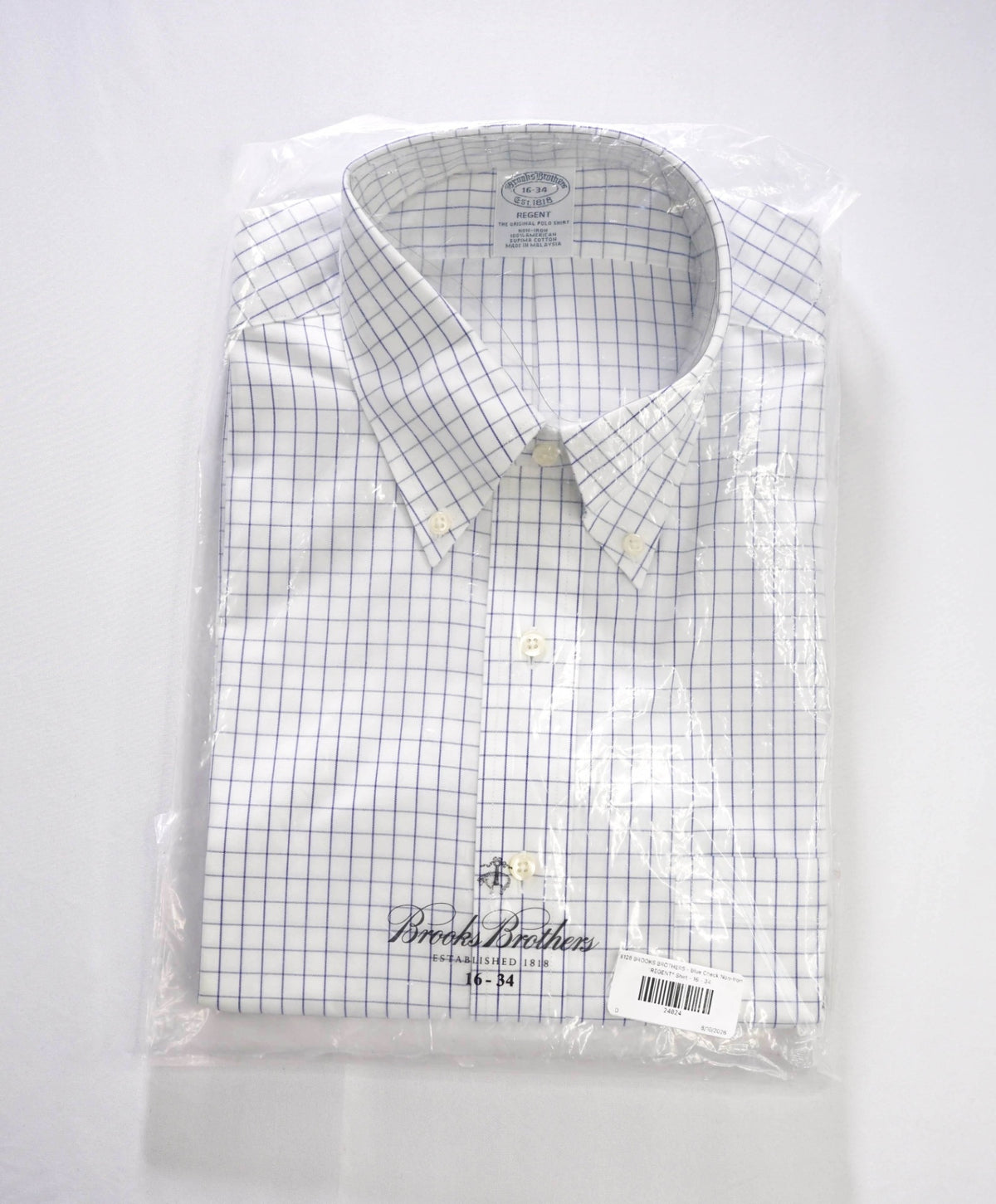 $128 BROOKS BROTHERS - Blue Check Non-Iron "REGENT" Shirt - 16 - 34