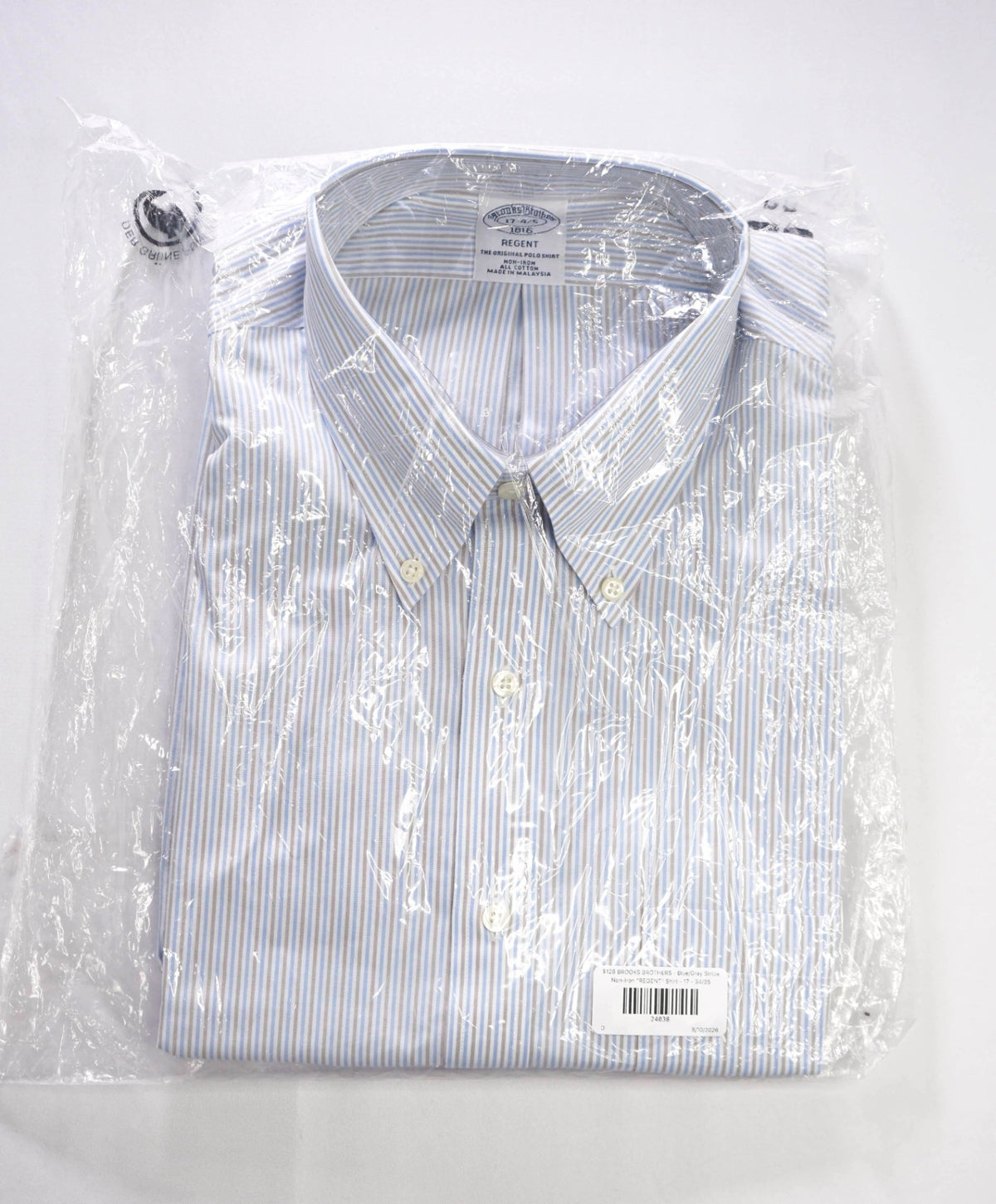 $128 BROOKS BROTHERS - Blue/Gray Stripe Non-Iron "REGENT" Shirt - 17 - 34/35