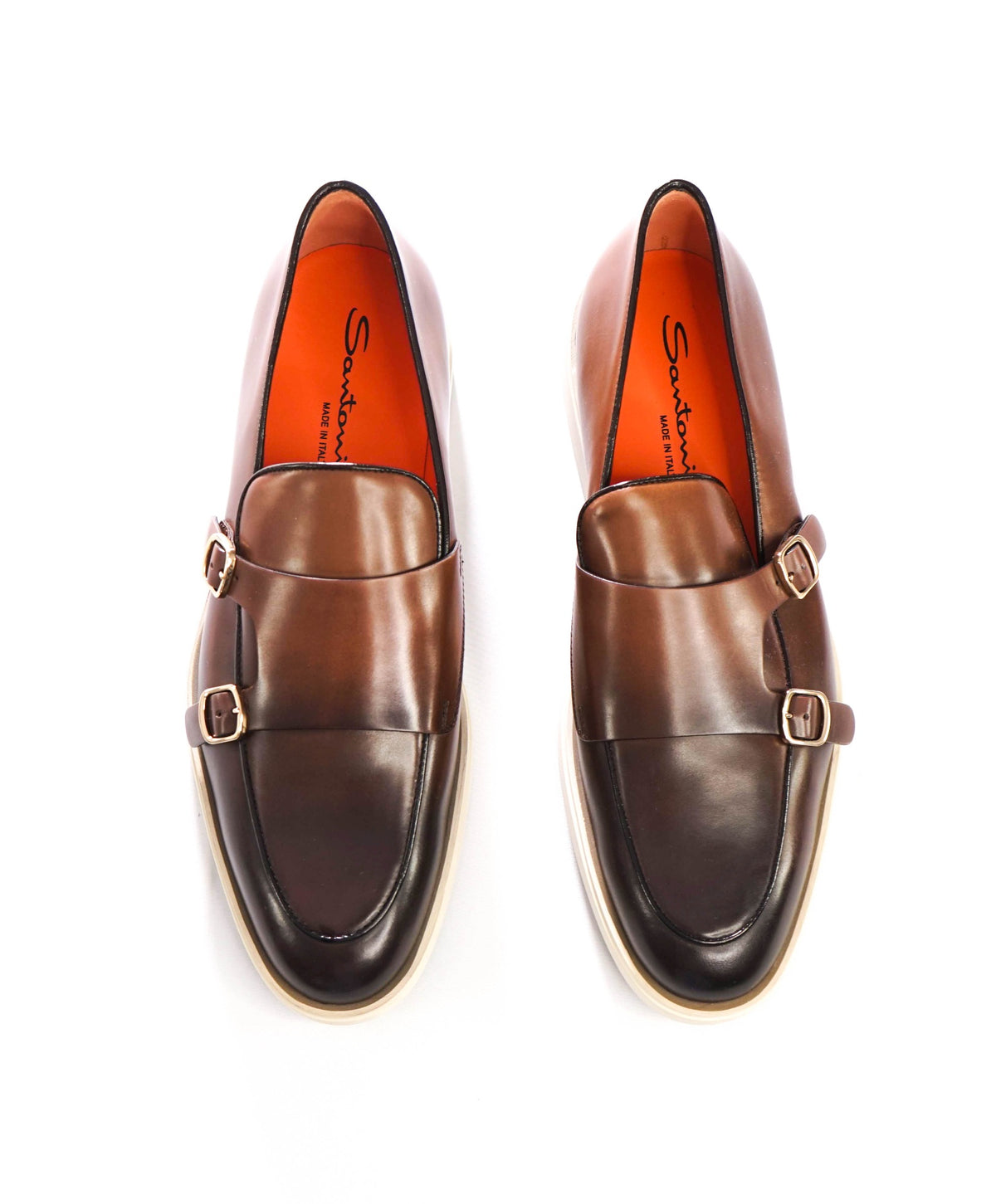$790 SANTONI - Brown Leather Monk Strap Loafers - US 10 (9UK)