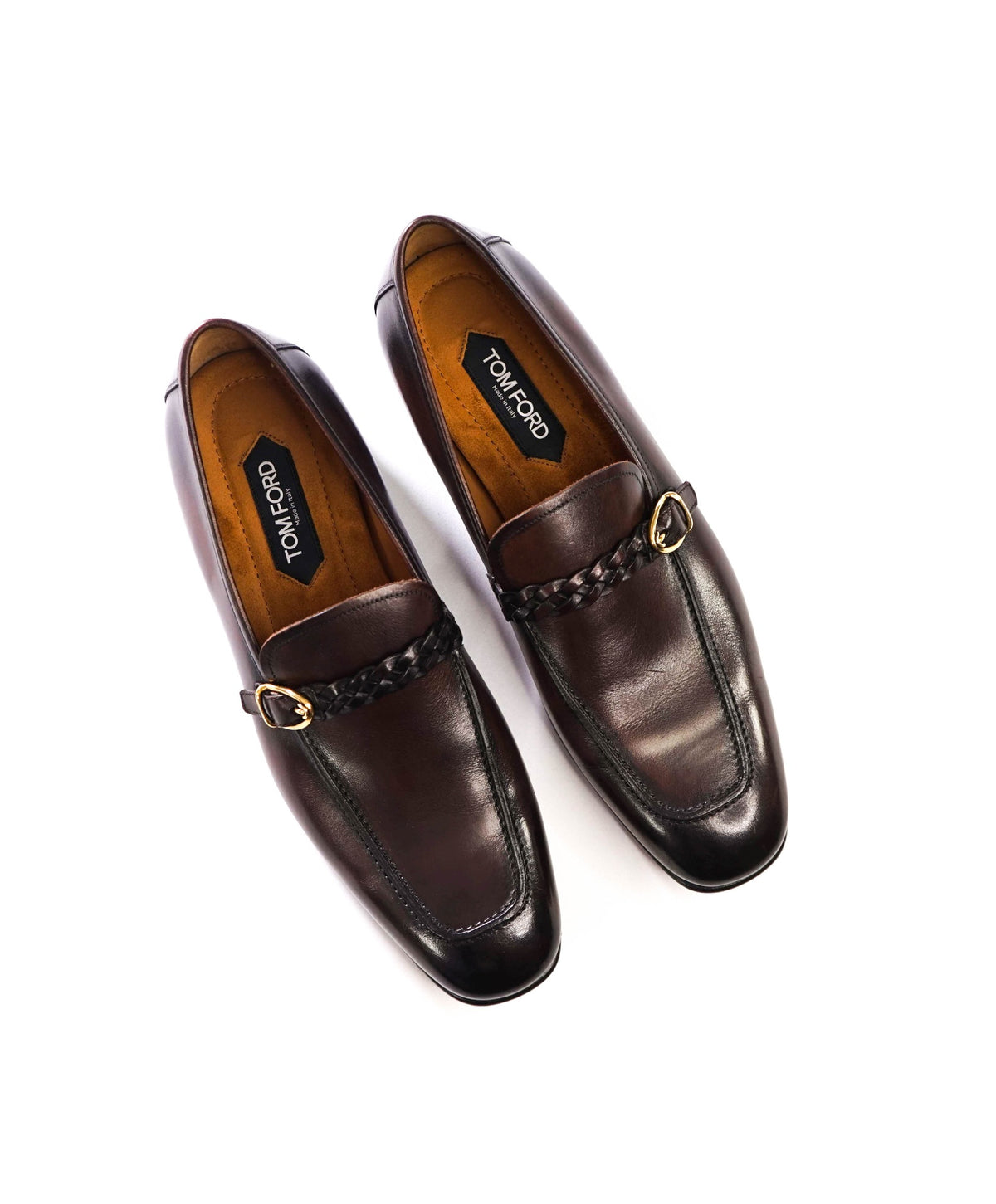 $2,393 TOM FORD - Brown Leather Braided Strap Loafers - US 12 (11.5 TF)