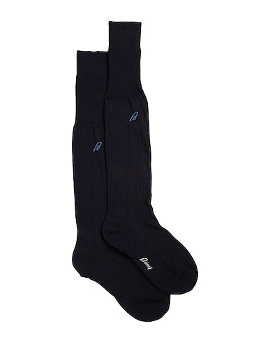 $125 BRIONI - Navy Blue *LINEN* MADE IN ITALY Logo Socks - 11IT 12US