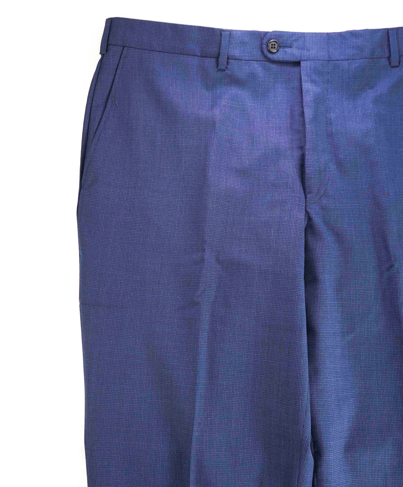 HICKEY FREEMAN - Heathered Blue Micro Check Wool Flat Front Dress Pants - 40W