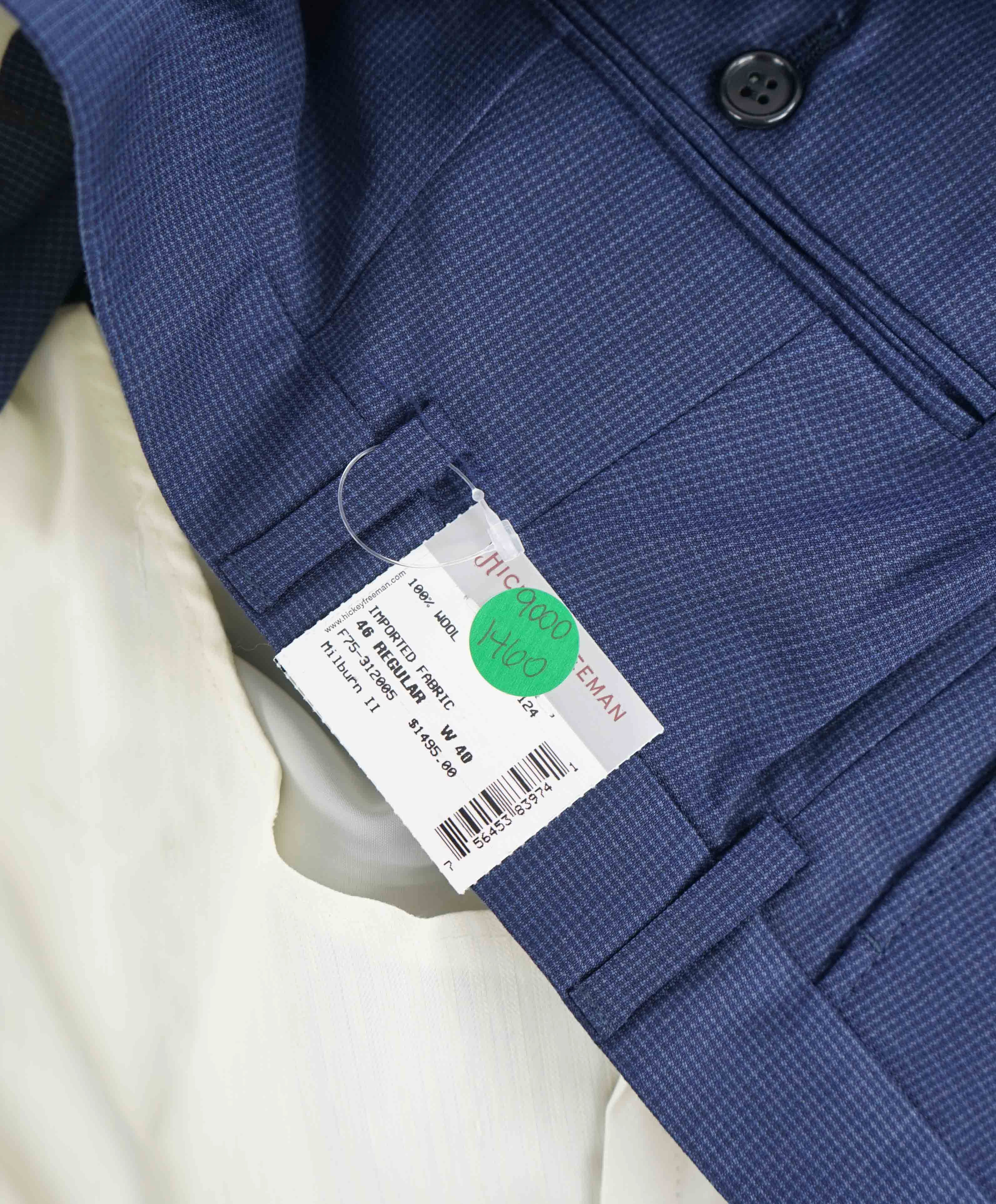 HICKEY FREEMAN - Heathered Blue Micro Check Wool Flat Front Dress Pants - 40W