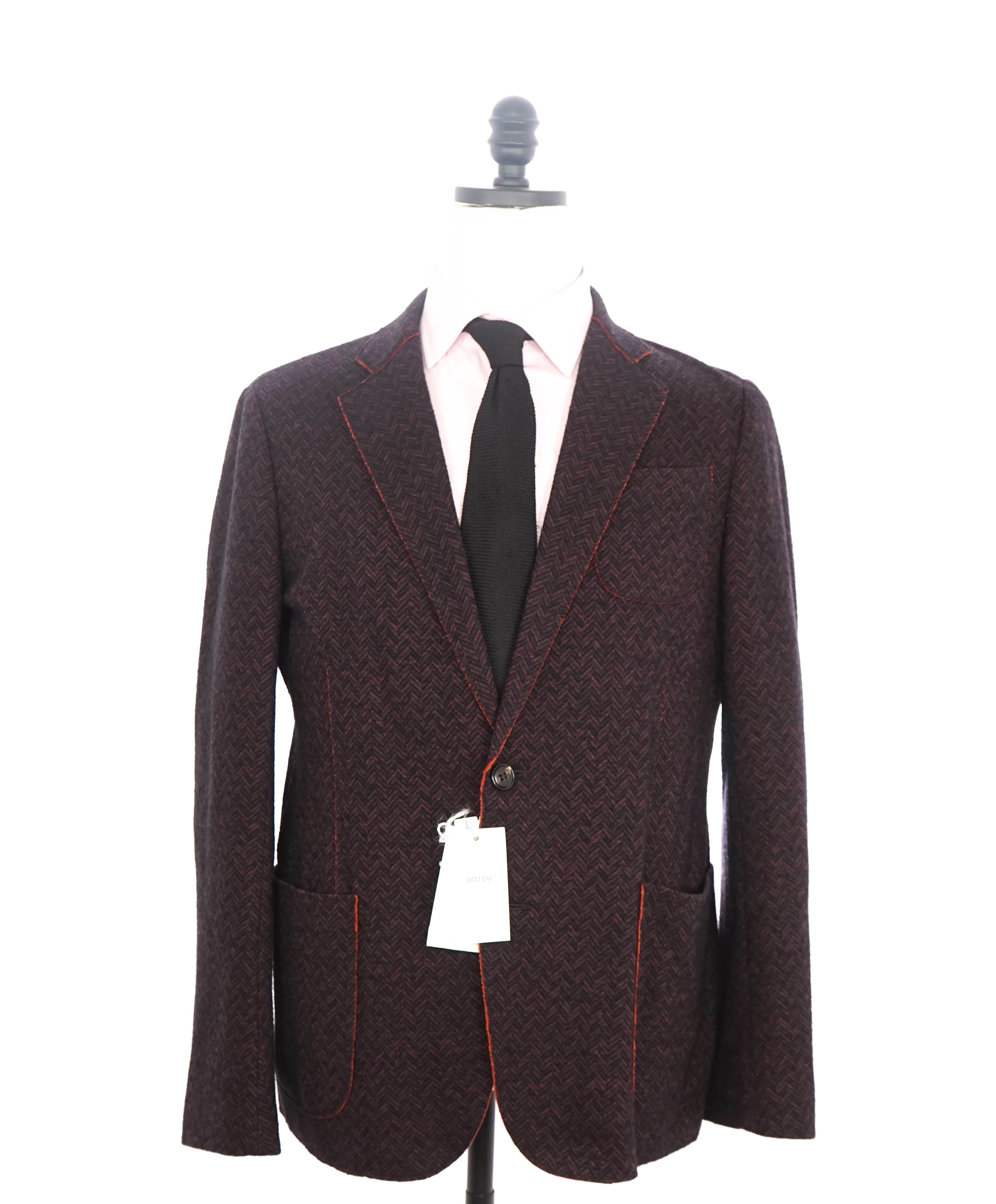 ARMANI COLLEZIONI - Unlined Burgundy & Orange Herringbone Blazer - 40R