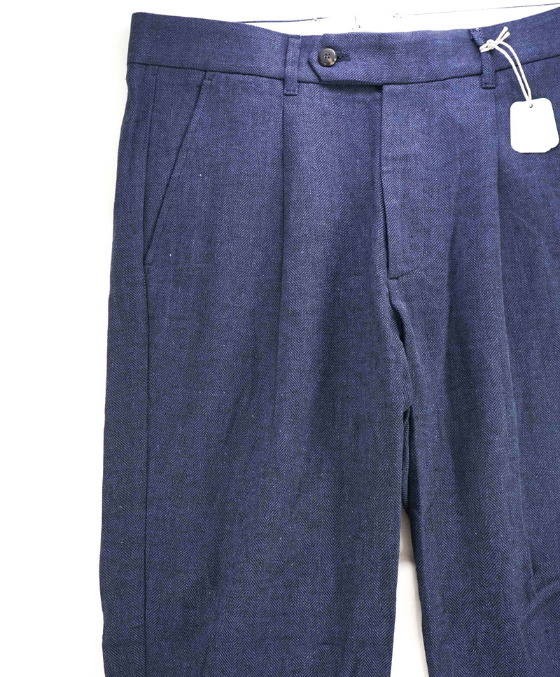 $575 ELEVENTY - Herringbone Fleck Blue Micro Dart Slim Dress Pants- 33W