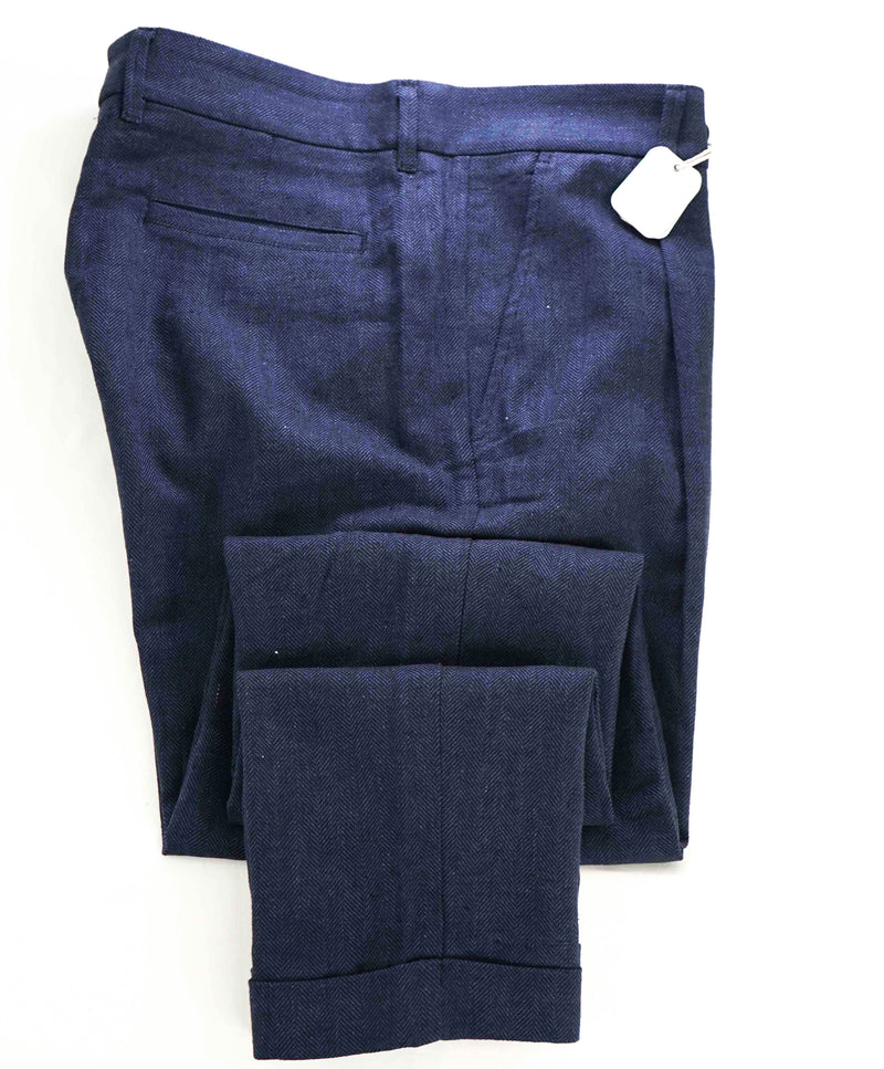 $575 ELEVENTY - Herringbone Fleck Blue Micro Dart Slim Dress Pants- 33W