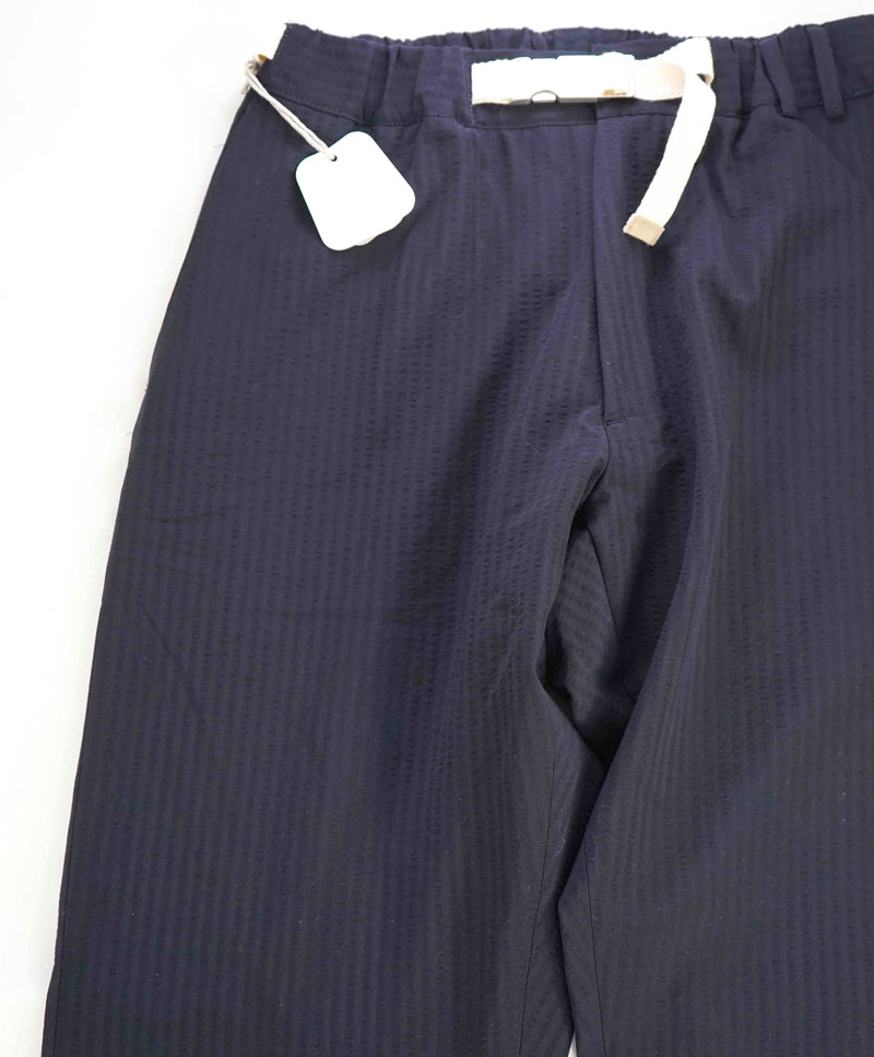 $1,045 ELEVENTY -Navy Blue Seersucker Wool Belted Ivory Casual Pants- 33W (50EU)