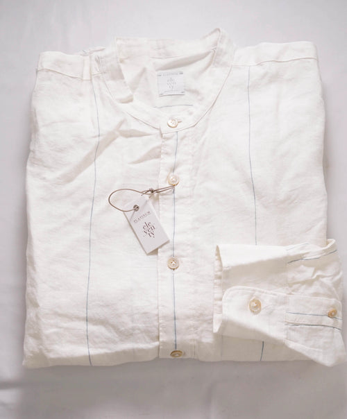 $495 ELEVENTY - *BAND COLLAR* Ivory & Blue Stripe Soft Dress Shirt - M