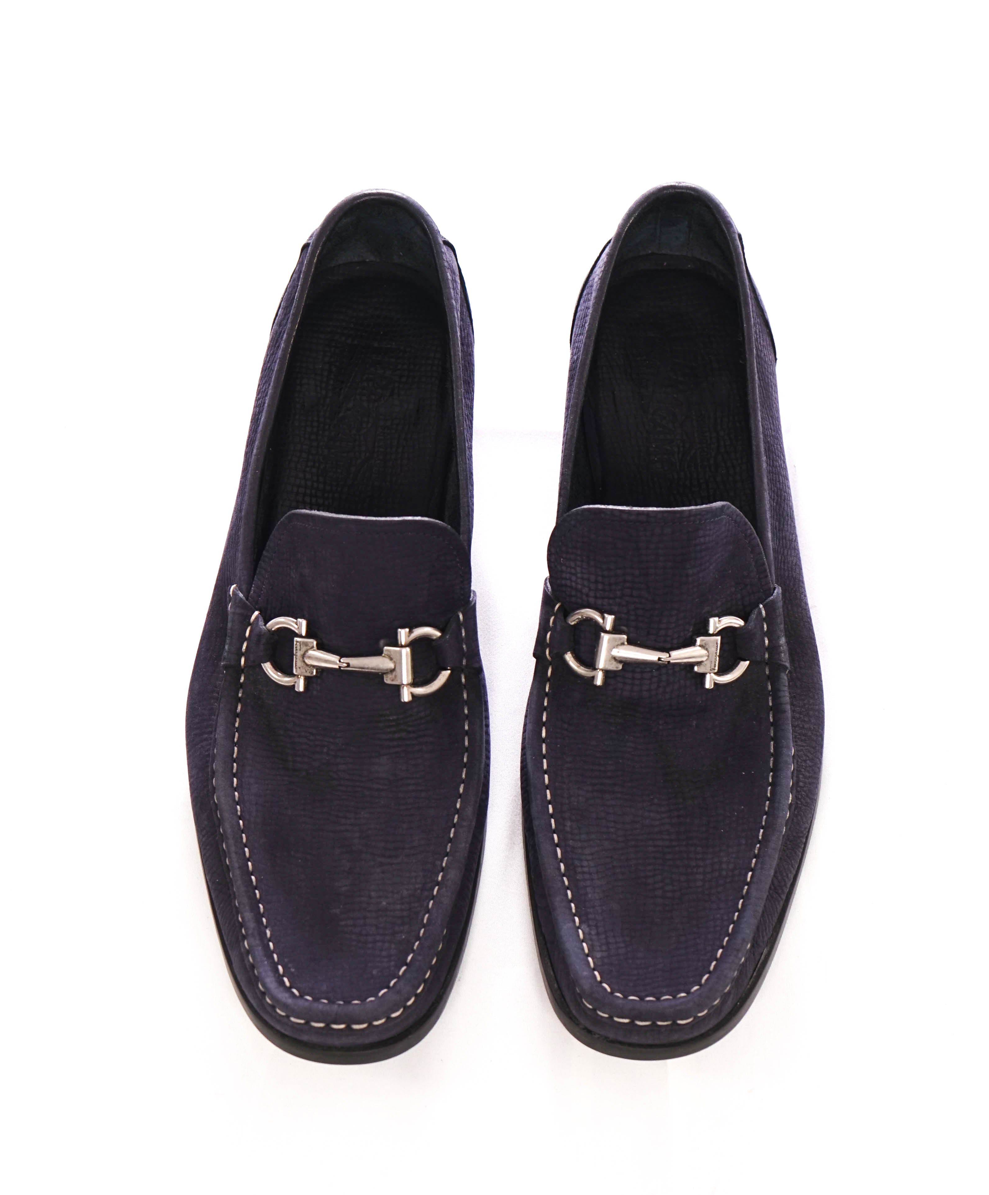 $850 SALVATORE FERRAGAMO - “Magnifico” Blue Leather Embossed Slip-On Loafer - 12 D