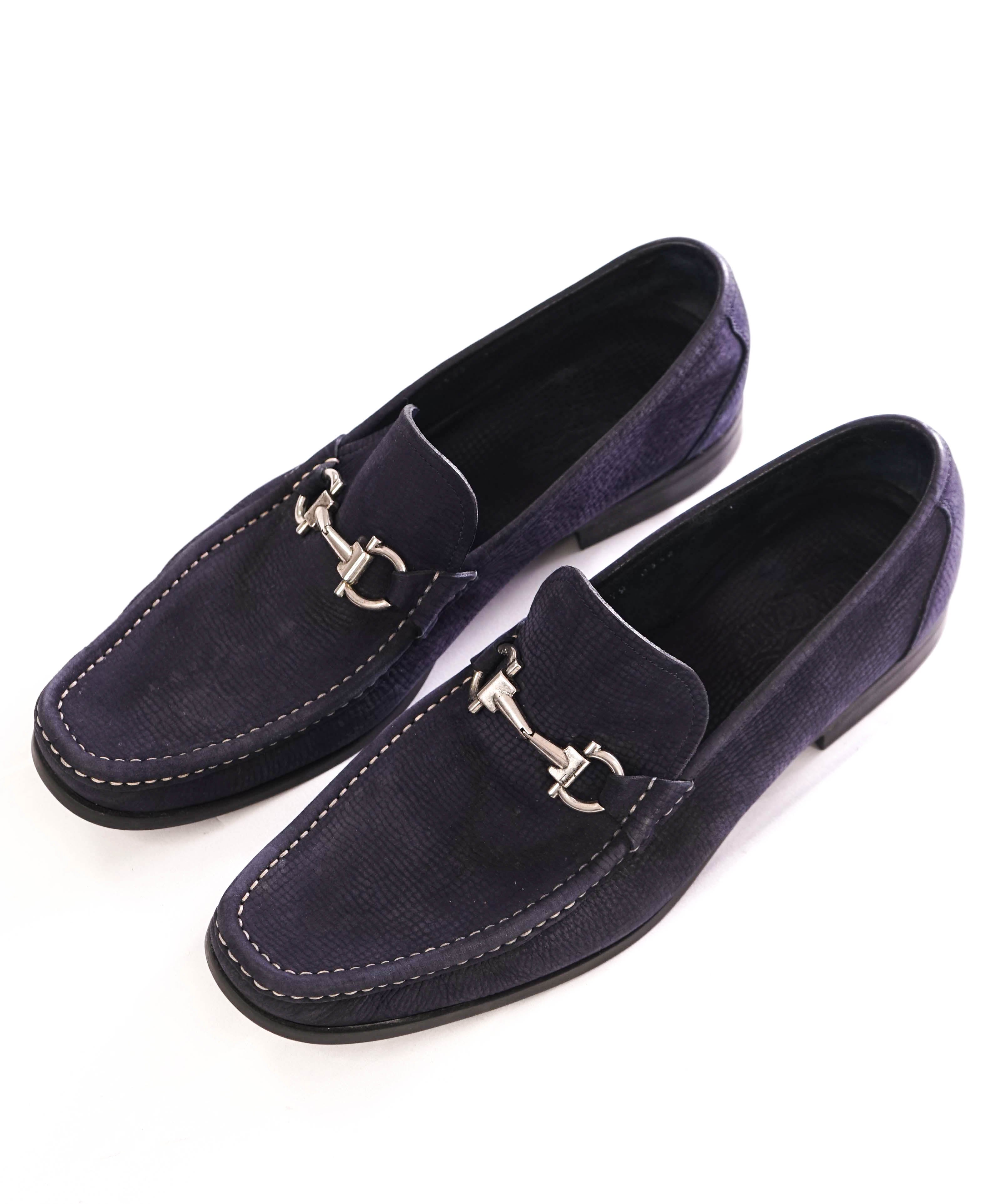 $850 SALVATORE FERRAGAMO - “Magnifico” Blue Leather Embossed Slip-On Loafer - 12 D