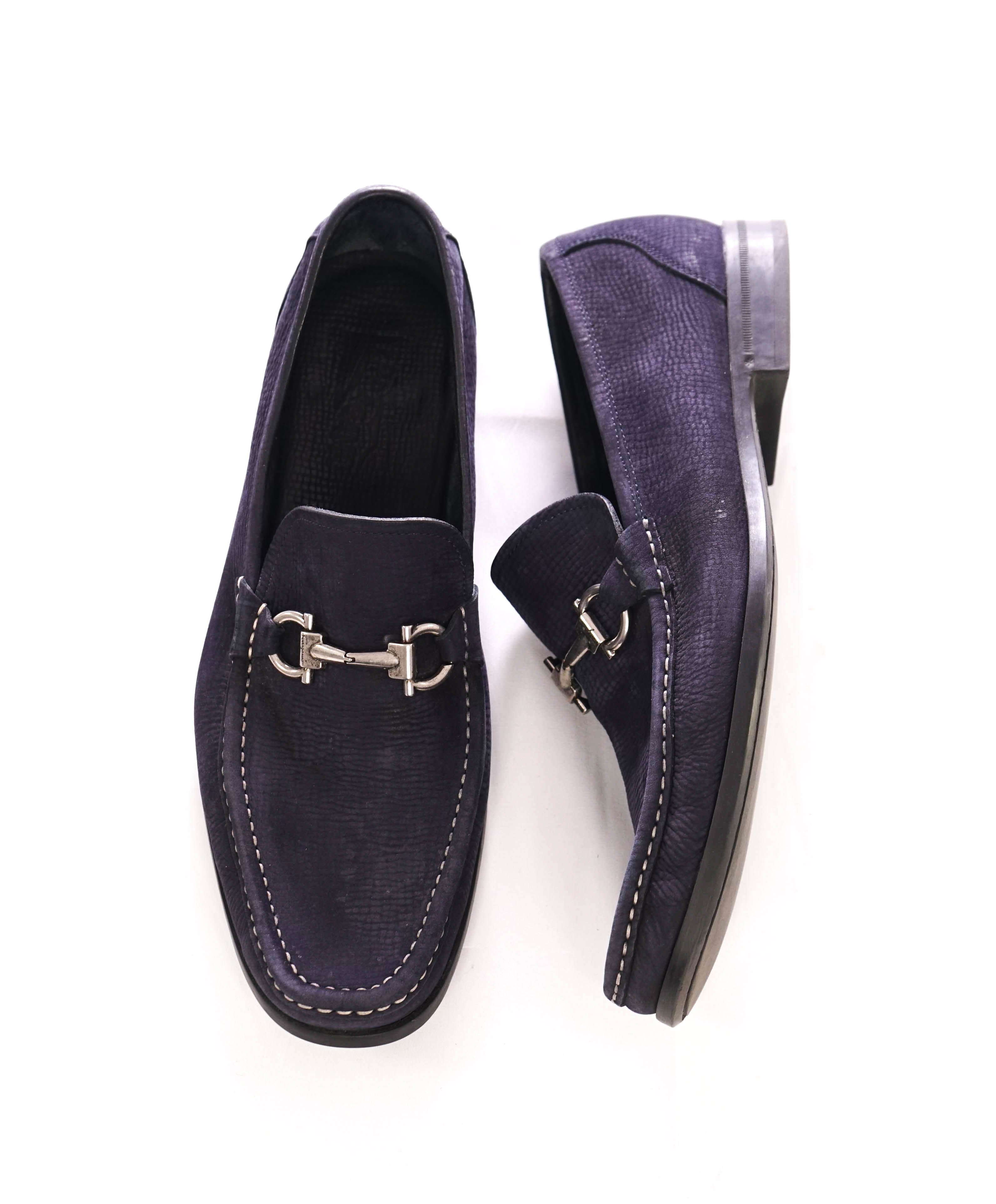 $850 SALVATORE FERRAGAMO - “Magnifico” Blue Leather Embossed Slip-On Loafer - 12 D