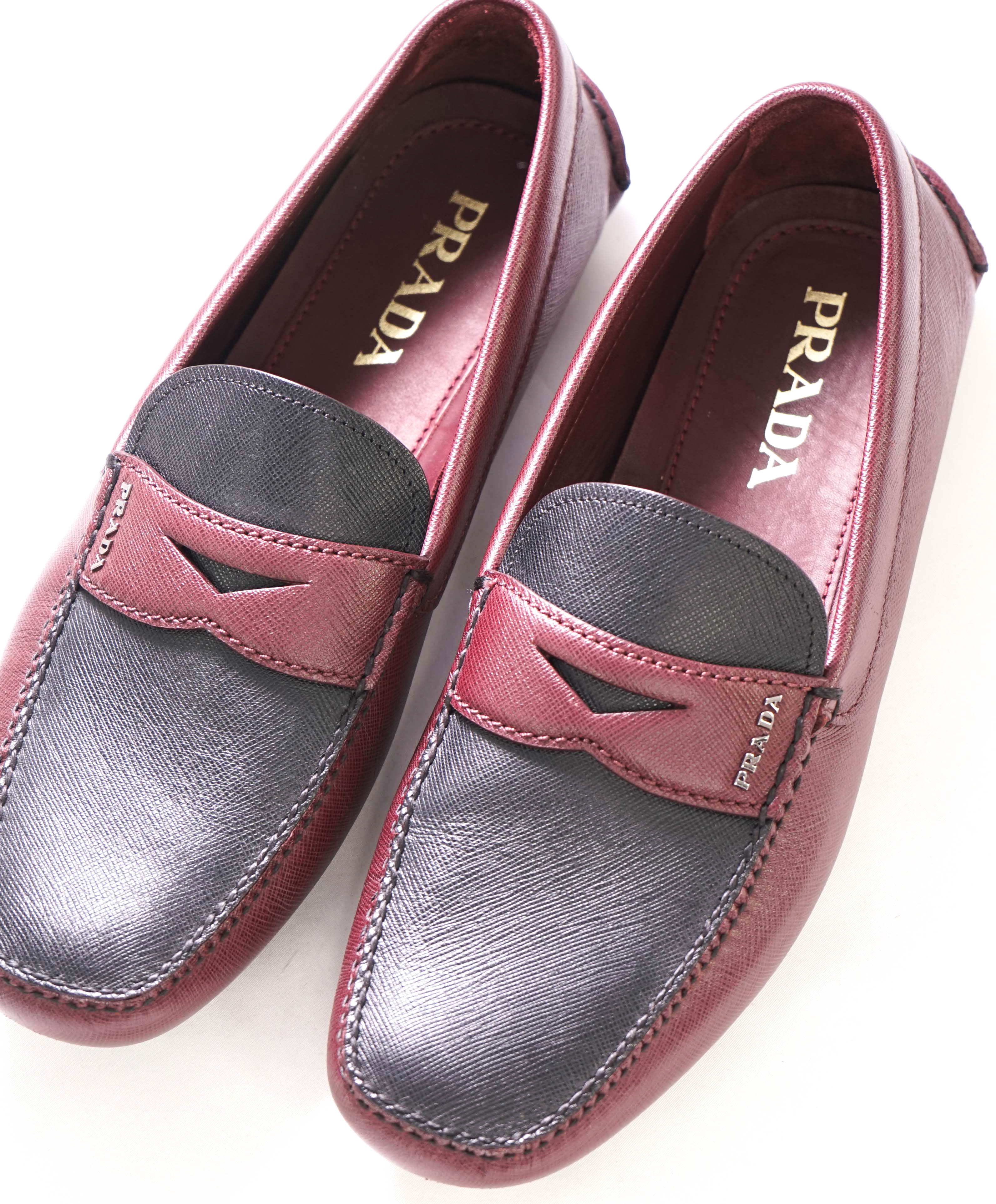 $850 PRADA - Burgundy Black Saffiano LOGO Leather Penny Loafers - 9US (8)