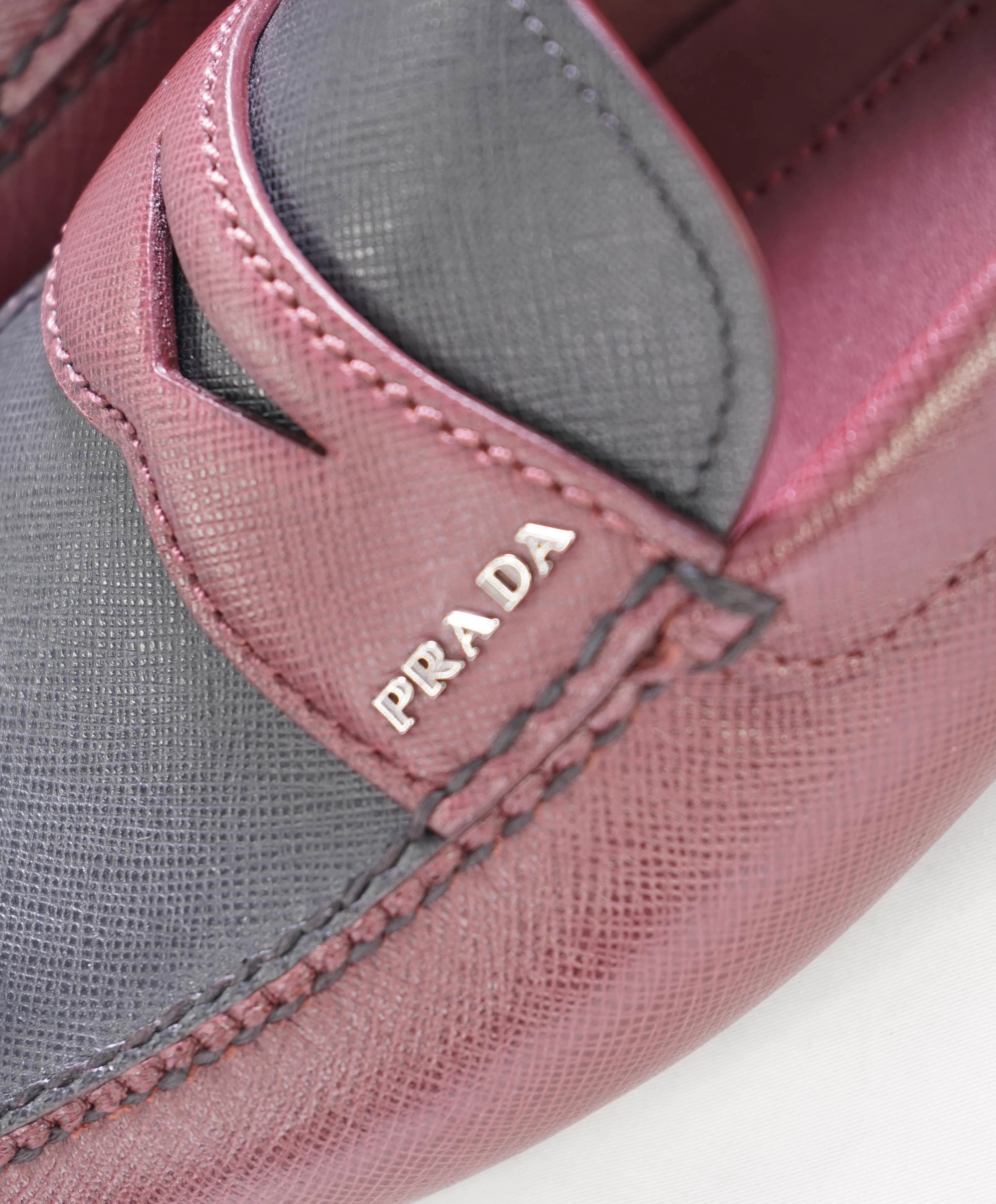 $850 PRADA - Burgundy Black Saffiano LOGO Leather Penny Loafers - 9US (8)