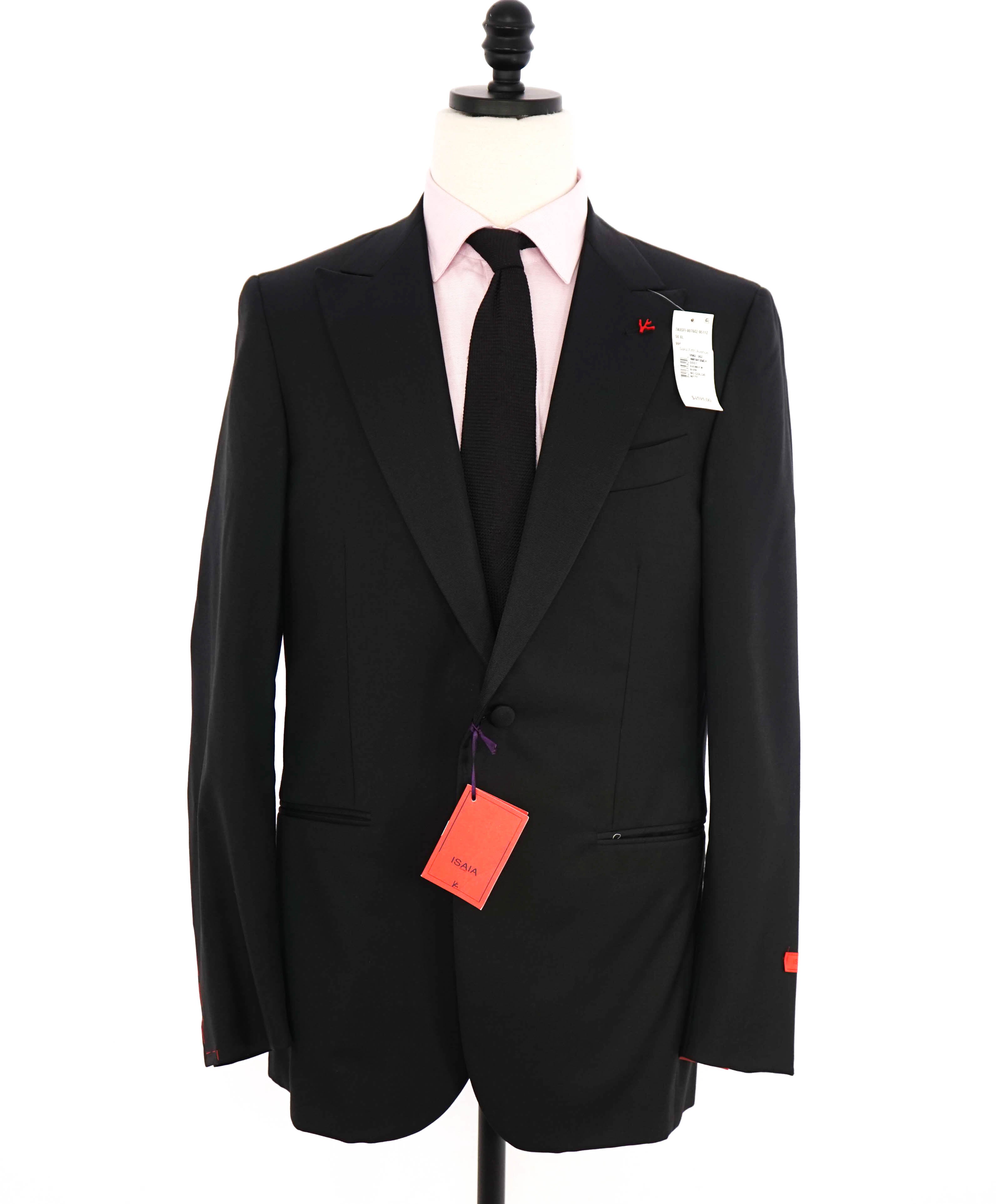 $4,595 ISAIA - "AQUASPIDER" Satin PEAK LAPEL Black Wool Tuxedo - 40L (36W)