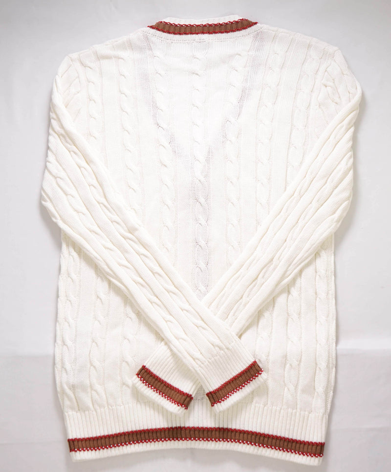 $795 ELEVENTY - Ivory/Brown Cotton Cable Knit Tipped Cardigan Sweater- M
