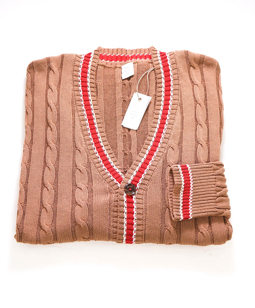 $795 ELEVENTY -Brown/Ivory Cotton Cable Knit Tipped Cardigan Sweater- M